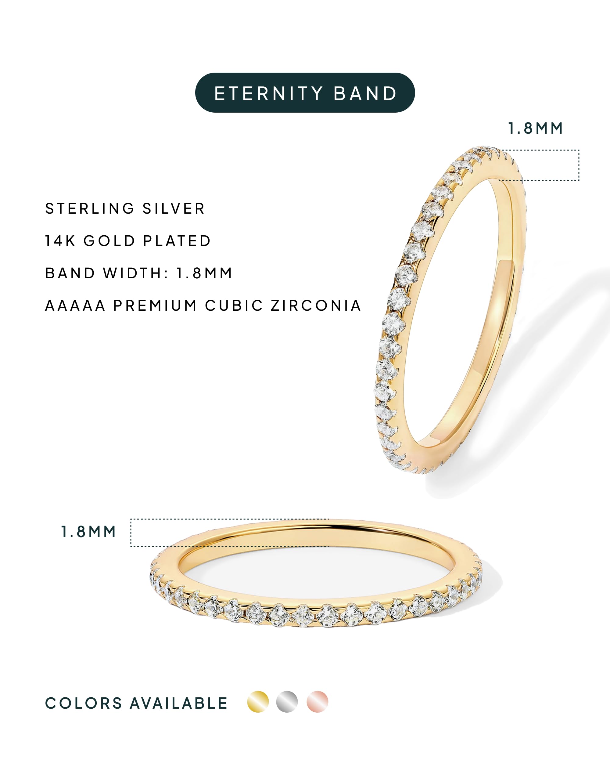 PAVOI Gold Plated Solid 925 Sterling Silver CZ Simulated Diamond Stackable Ring Eternity Bands for Women thumbnail