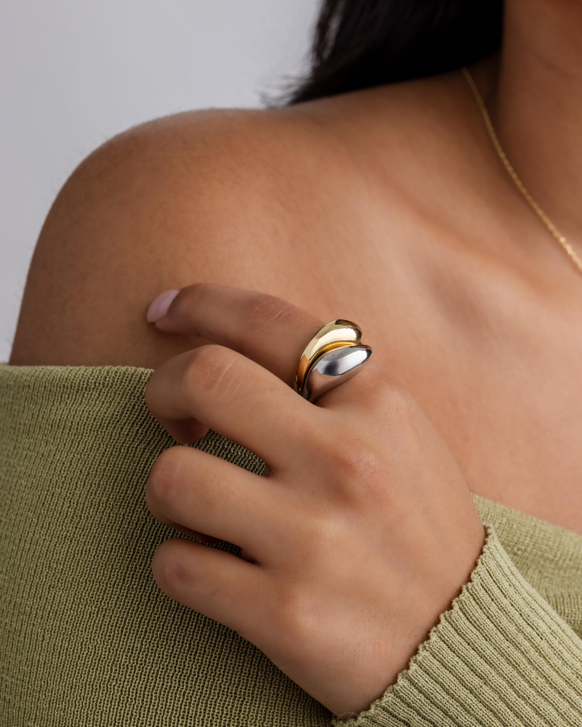 PAVOI 14K Gold Plated Mixed Metal Chunky Two Tone Wavy Dome Rings Pack for Women | Statement Ring Set thumbnail