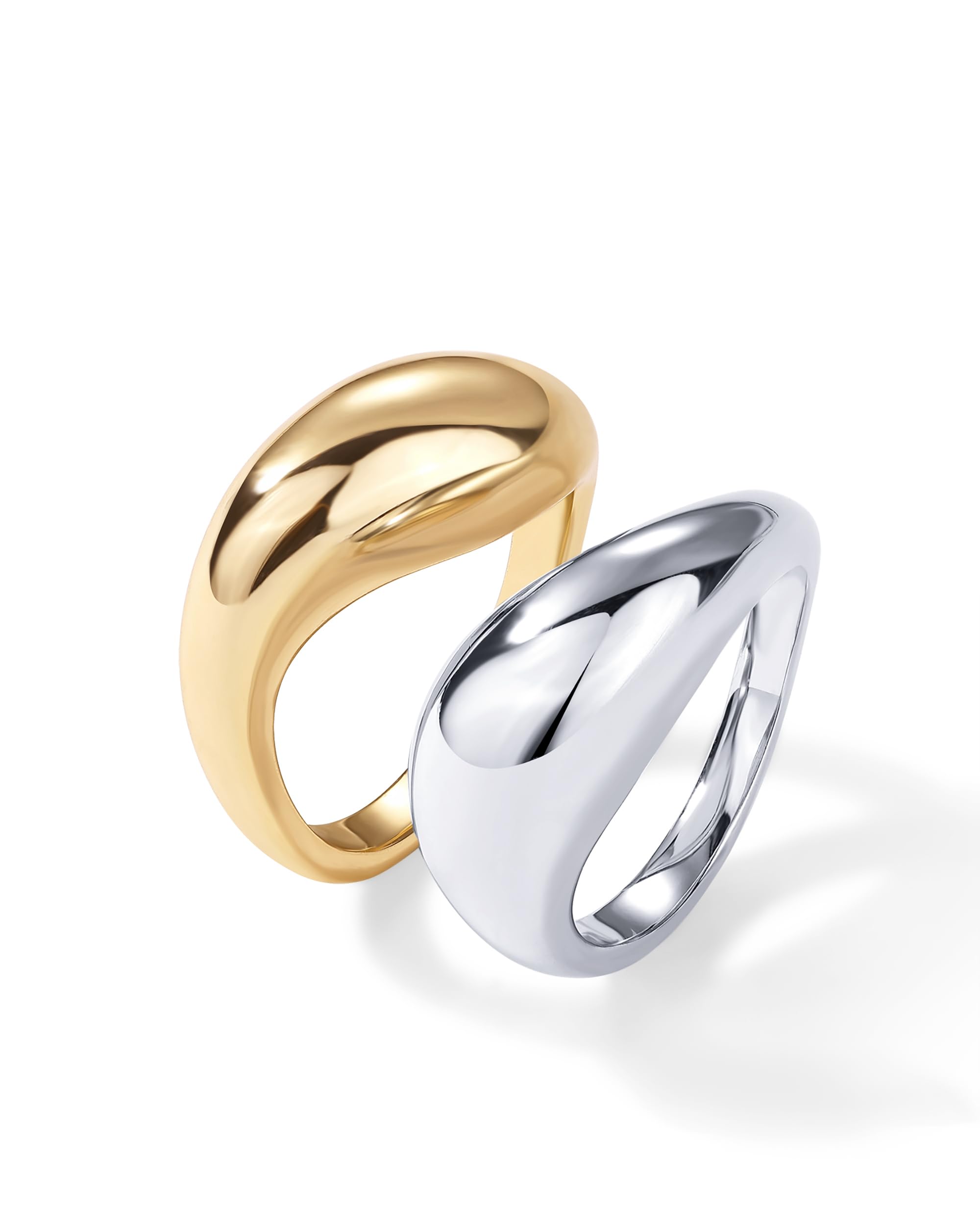 PAVOI 14K Gold Plated Mixed Metal Chunky Two Tone Wavy Dome Rings Pack for Women | Statement Ring Set thumbnail
