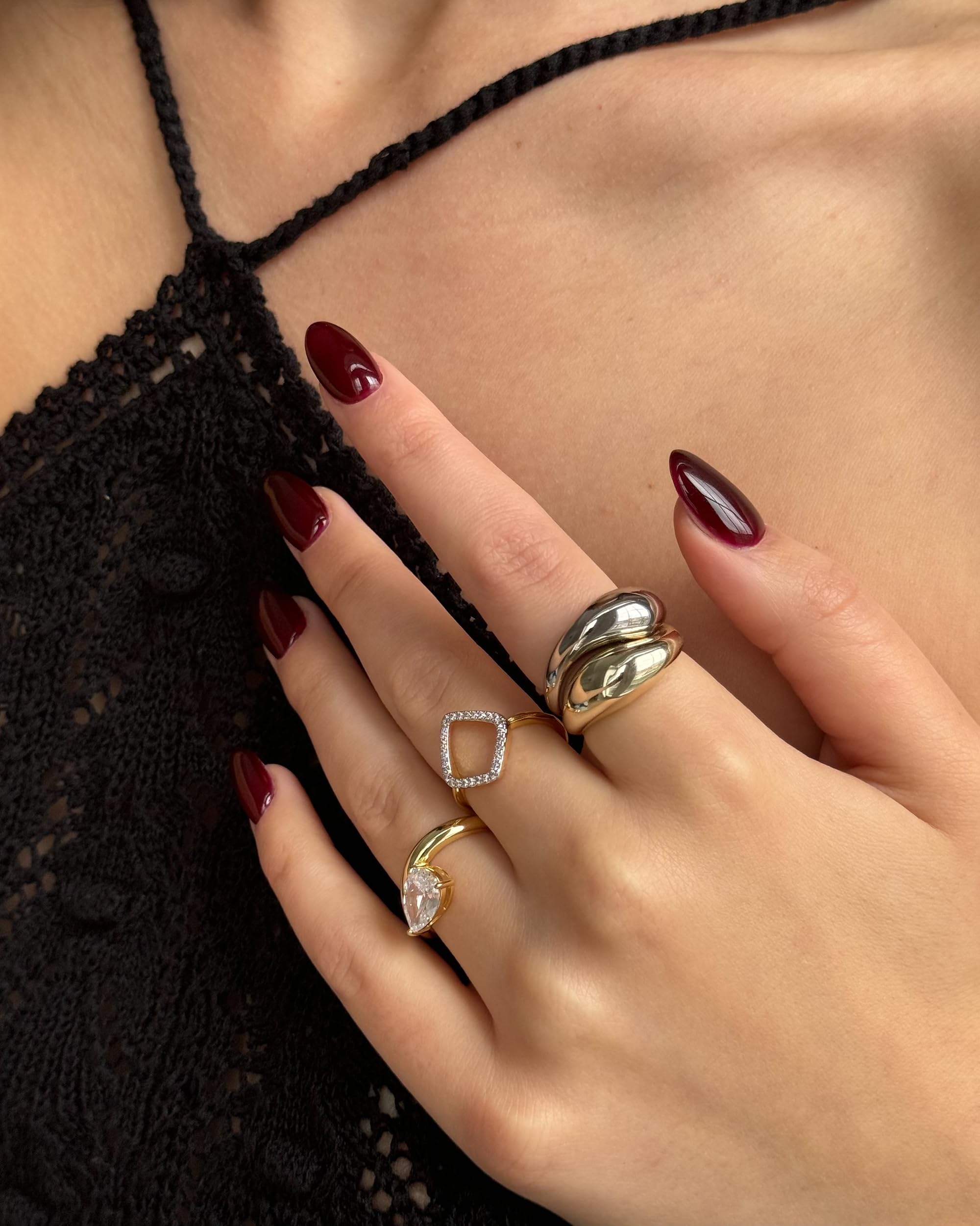 PAVOI 14K Gold Plated Mixed Metal Chunky Two Tone Wavy Dome Rings Pack for Women | Statement Ring Set thumbnail