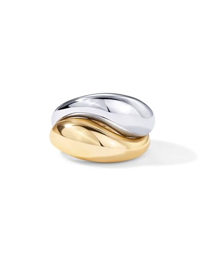 PAVOI 14K Gold Plated Mixed Metal Chunky Two Tone Wavy Dome Rings Pack for Women | Statement Ring Set thumbnail