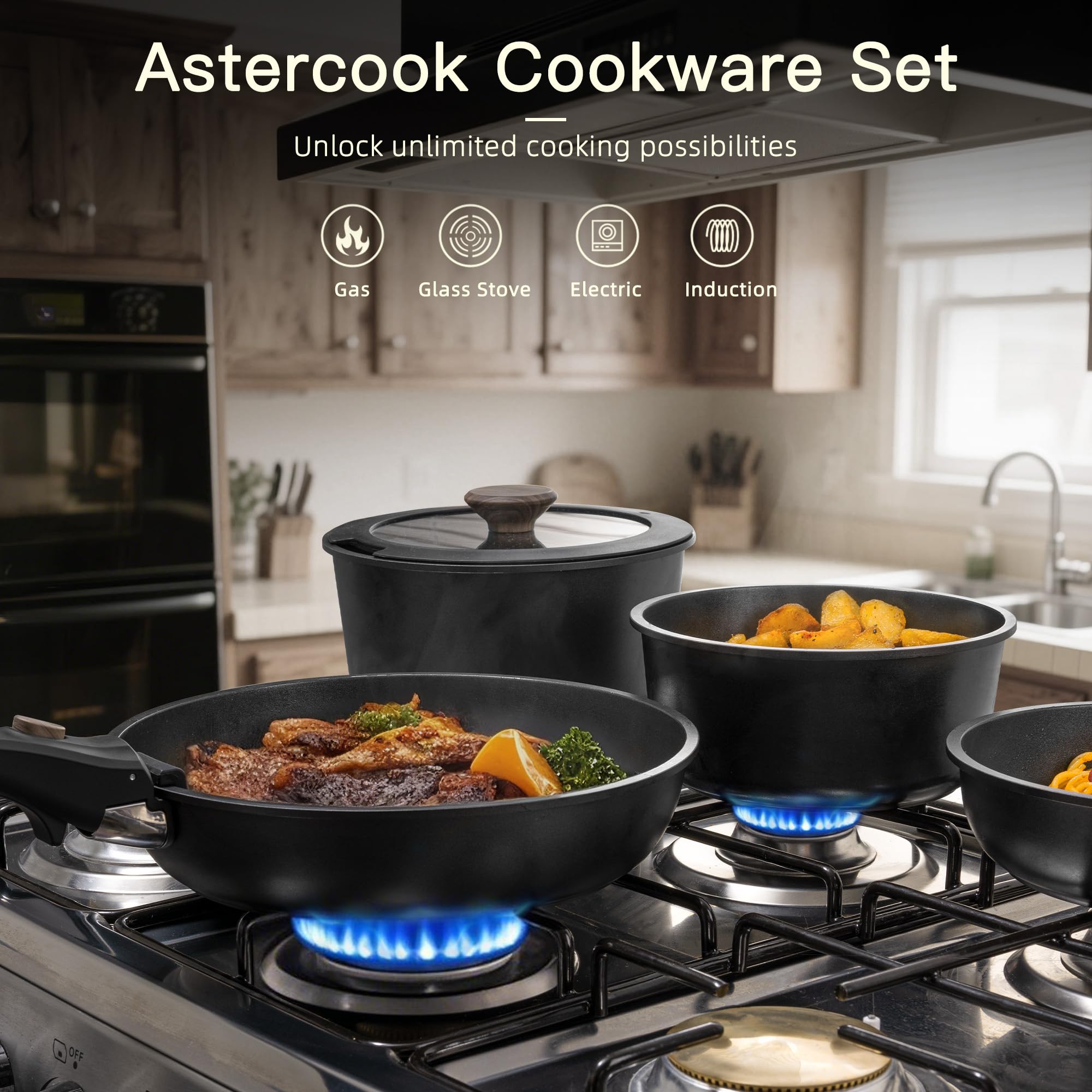 Astercook 21 Pcs Pots and Pans Set Non Stick, Ceramic Cookware Set Detachable Handle, RV Kitchen Cooking Set Removable Handles, Oven Safe, Induction Ready, Stackable, Black, Fathers Day Gift for Men thumbnail