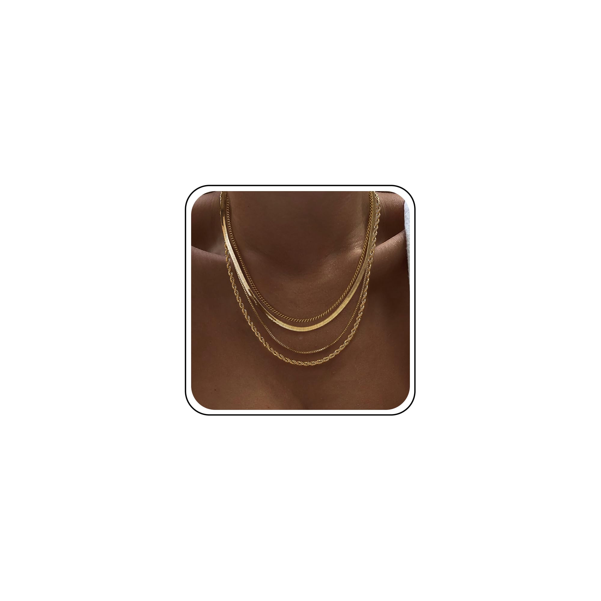 Tewiky Layered Necklaces for Women Non Tarnish- Chunky 14k Gold Plated Herringbone/Snake/Rope/Box/Cuban Link Chain for Women Waterproof Layering Stack Choker Necklace Trendy Dainty Tarnish Free Jewelry Set