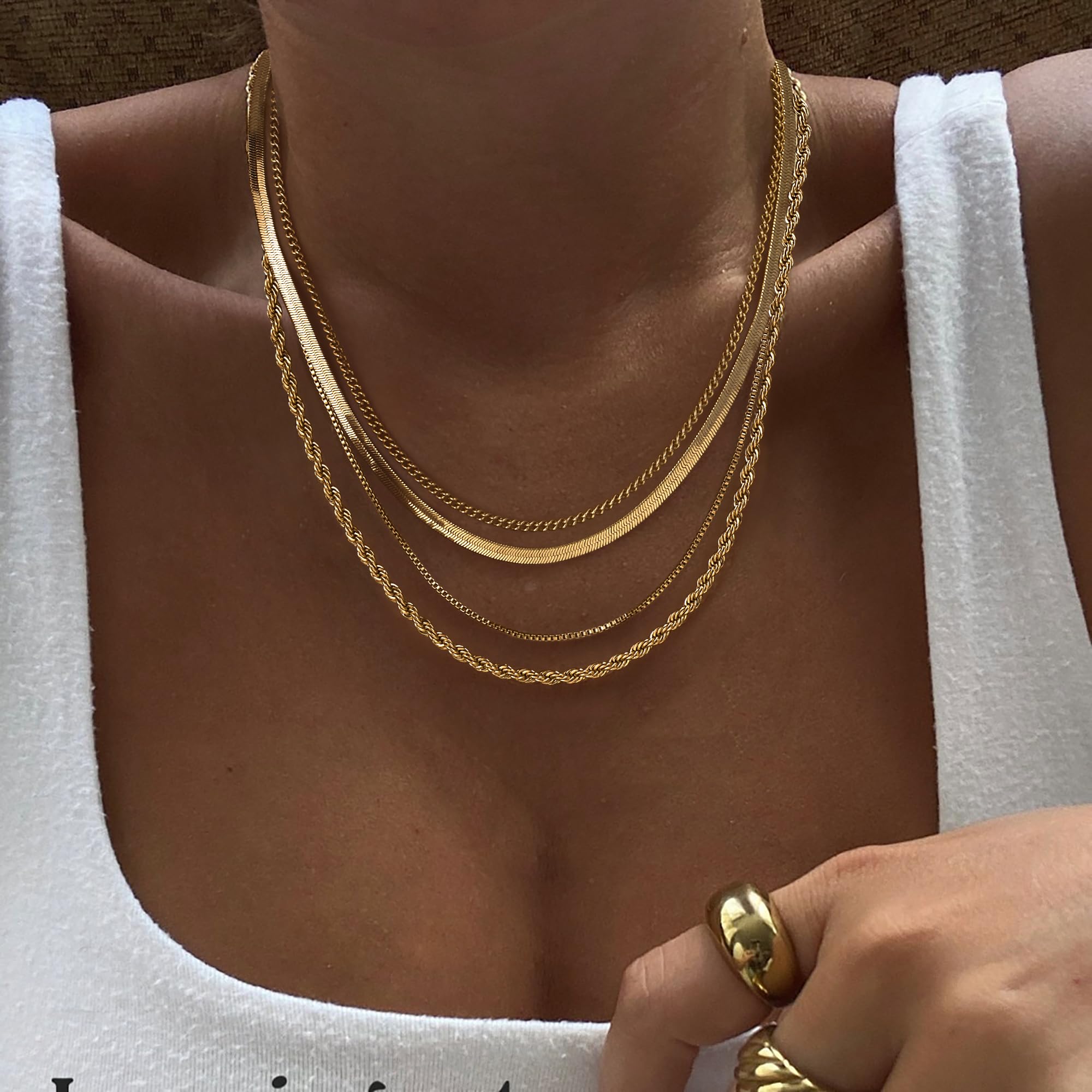 Tewiky Layered Necklaces for Women Non Tarnish- Chunky 14k Gold Plated Herringbone/Snake/Rope/Box/Cuban Link Chain for Women Waterproof Layering Stack Choker Necklace Trendy Dainty Tarnish Free Jewelry Set thumbnail