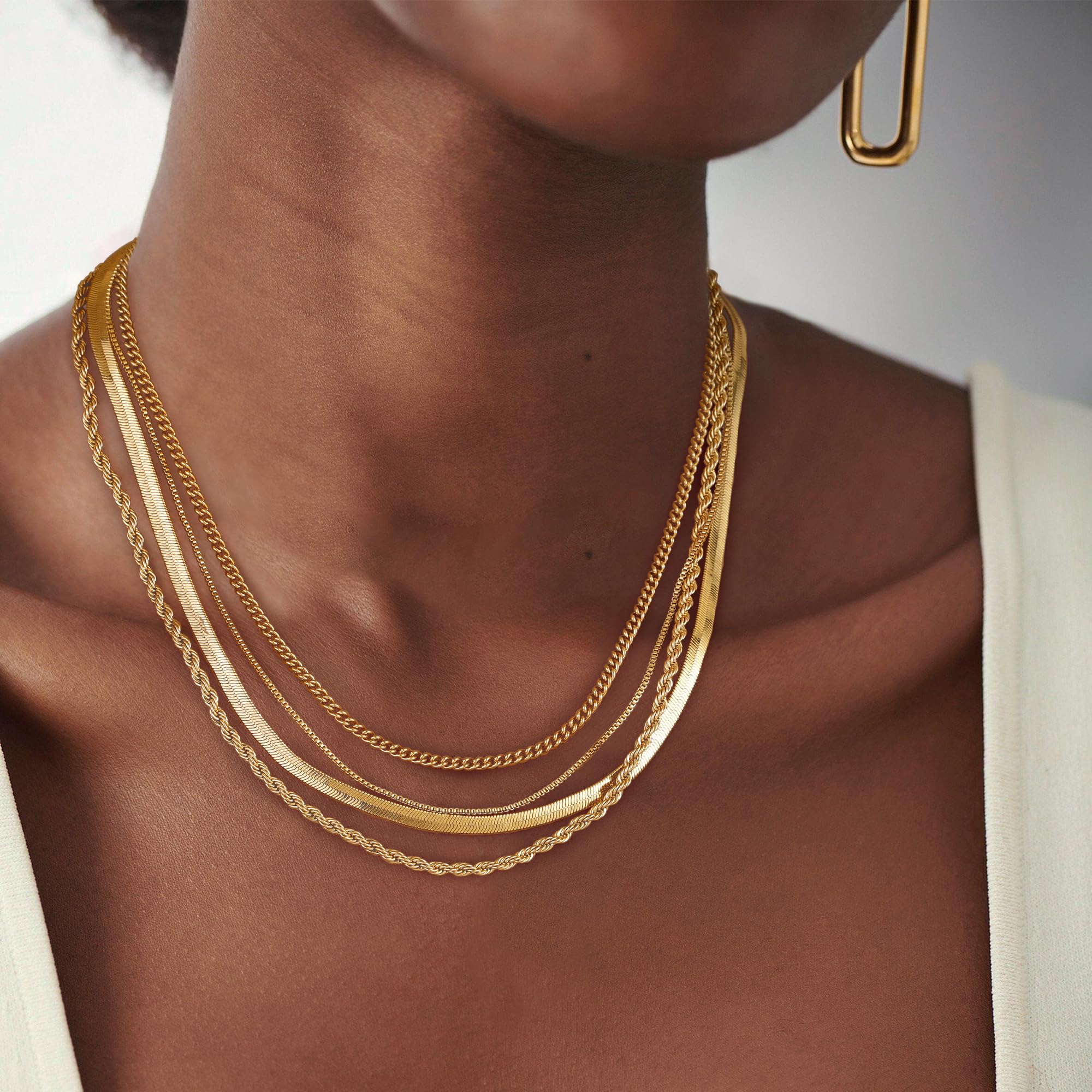 Tewiky Layered Necklaces for Women Non Tarnish- Chunky 14k Gold Plated Herringbone/Snake/Rope/Box/Cuban Link Chain for Women Waterproof Layering Stack Choker Necklace Trendy Dainty Tarnish Free Jewelry Set thumbnail