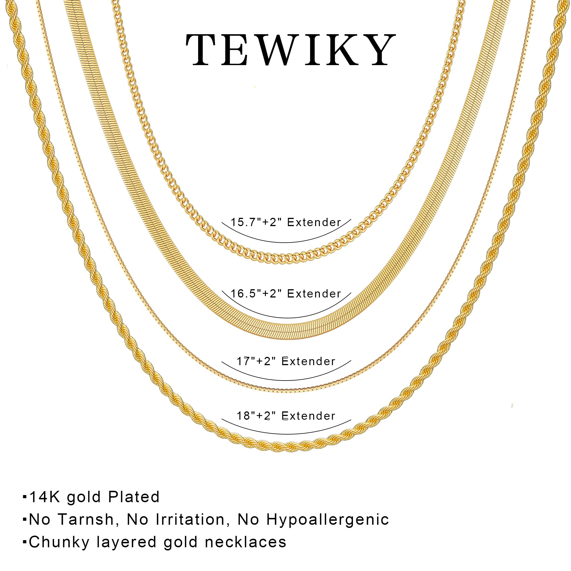 Tewiky Layered Necklaces for Women Non Tarnish- Chunky 14k Gold Plated Herringbone/Snake/Rope/Box/Cuban Link Chain for Women Waterproof Layering Stack Choker Necklace Trendy Dainty Tarnish Free Jewelry Set thumbnail