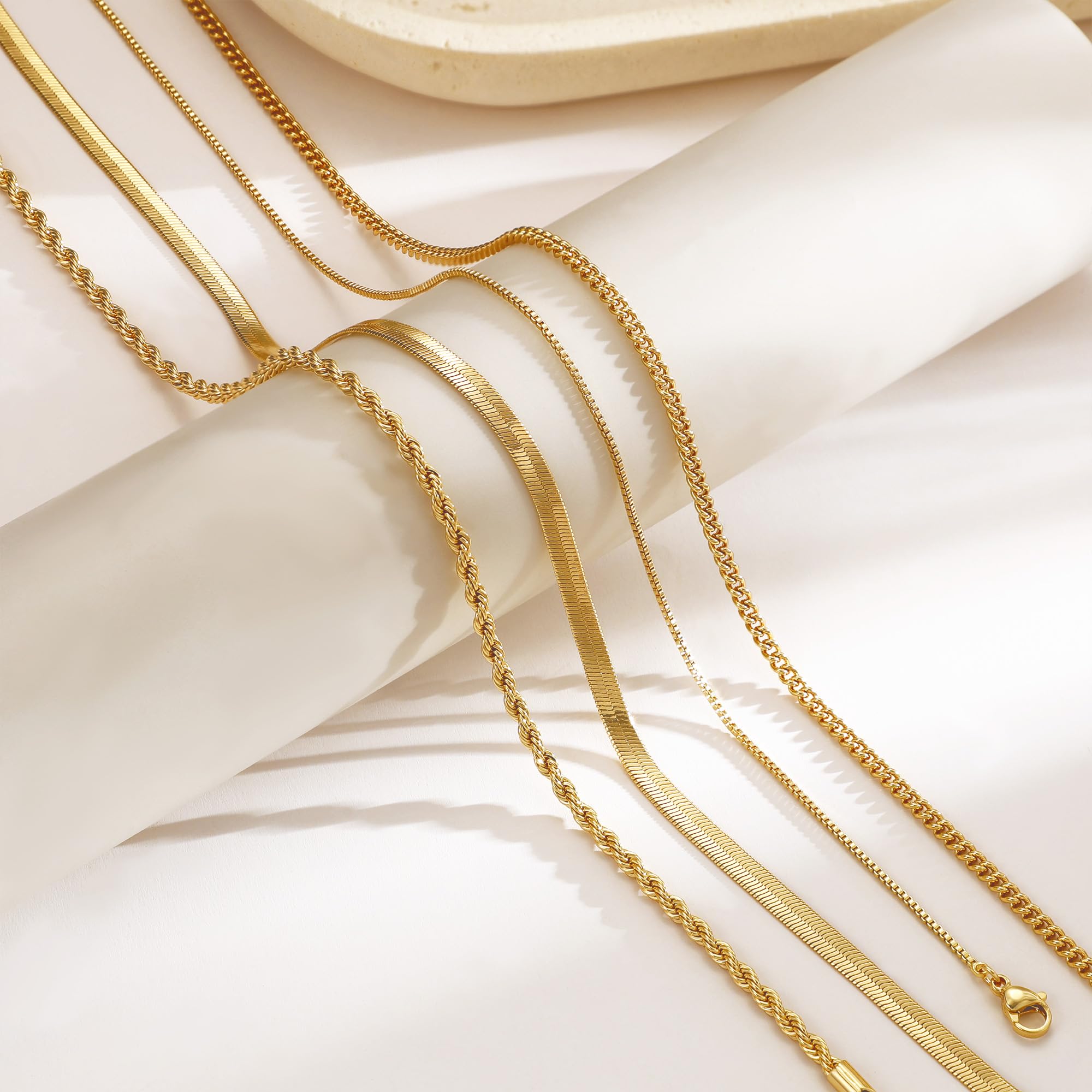 Tewiky Layered Necklaces for Women Non Tarnish- Chunky 14k Gold Plated Herringbone/Snake/Rope/Box/Cuban Link Chain for Women Waterproof Layering Stack Choker Necklace Trendy Dainty Tarnish Free Jewelry Set thumbnail