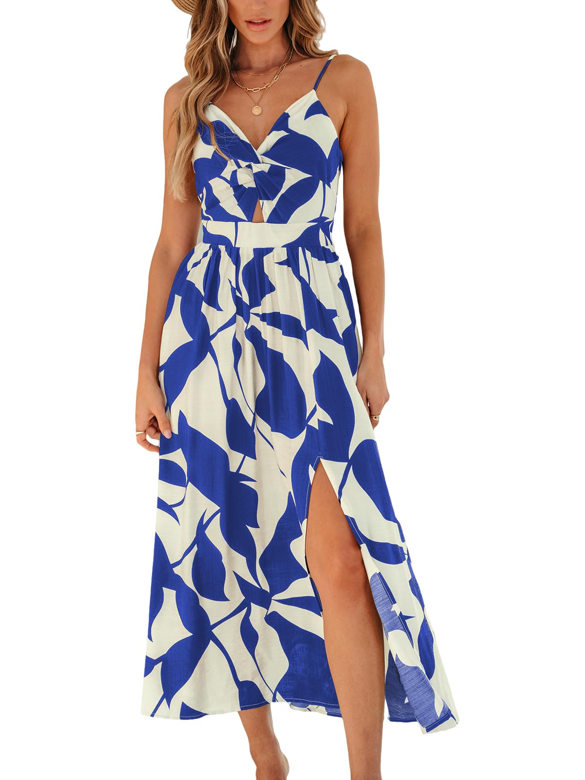 CUPSHE Women’s Long Dresses Summer Sleeveless Beach Casual Side Slit Spaghetti Straps Vacation Graduation Midi Dress