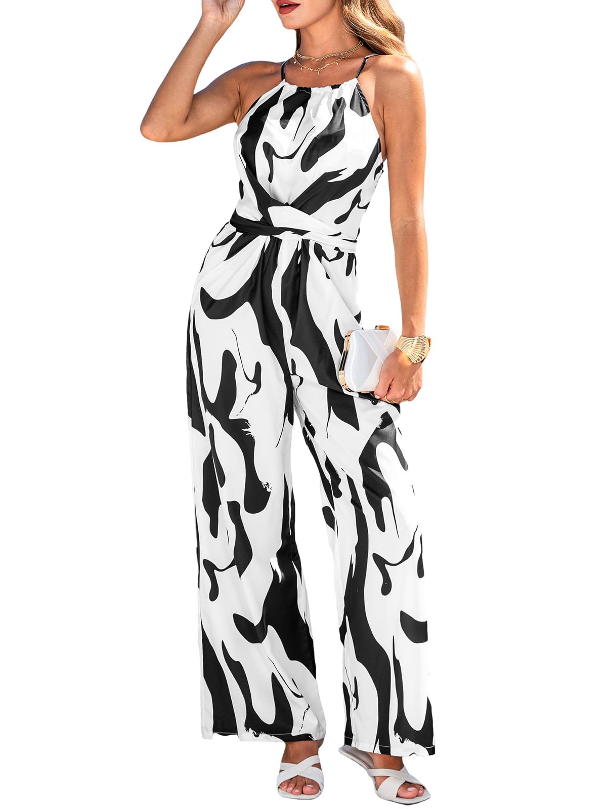 CUPSHE Women's Casual Loose Overalls Jumpsuits High Neck Sleeveless Wide Leg Boho One Piece Rompers With Pockets thumbnail