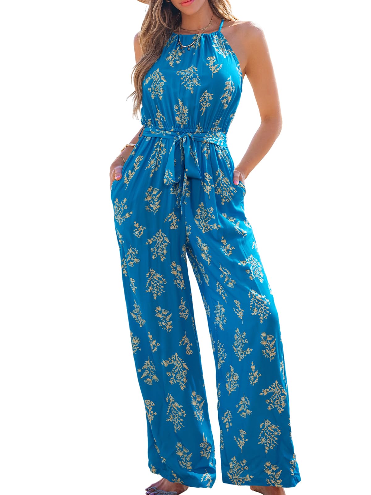 CUPSHE Women's Casual Loose Overalls Jumpsuits High Neck Sleeveless Wide Leg Boho One Piece Rompers With Pockets thumbnail