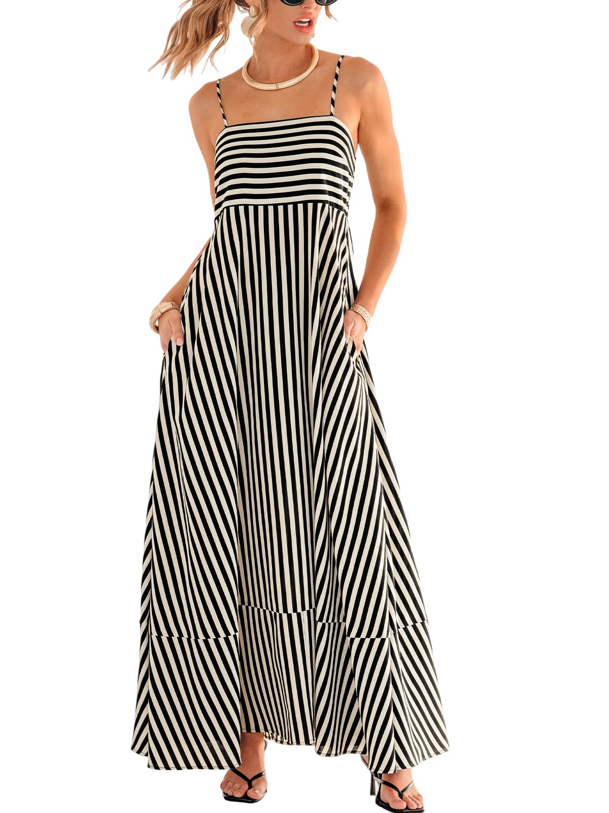 CUPSHE Womens Summer Maxi Dress Casual Sleeveless Square Neck Striped Beach Long Dress with Pockets