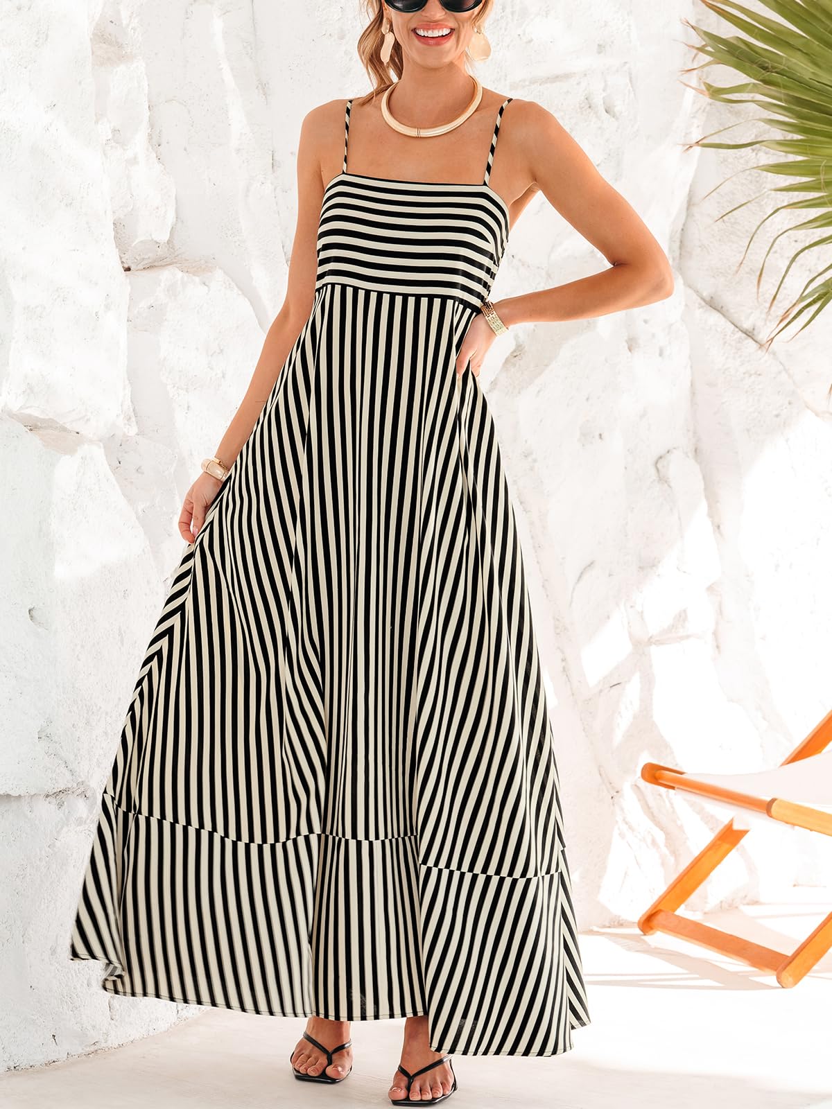 CUPSHE Womens Summer Maxi Dress Casual Sleeveless Square Neck Striped Beach Long Dress with Pockets thumbnail