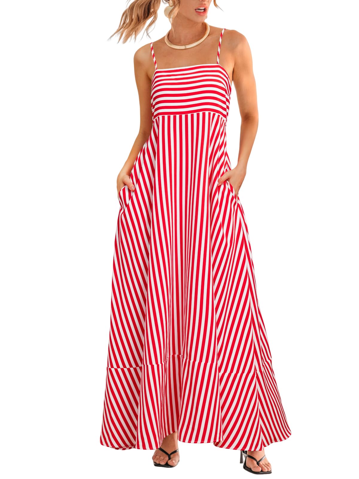 CUPSHE Womens Summer Maxi Dress Casual Sleeveless Square Neck Striped Beach Long Dress with Pockets thumbnail