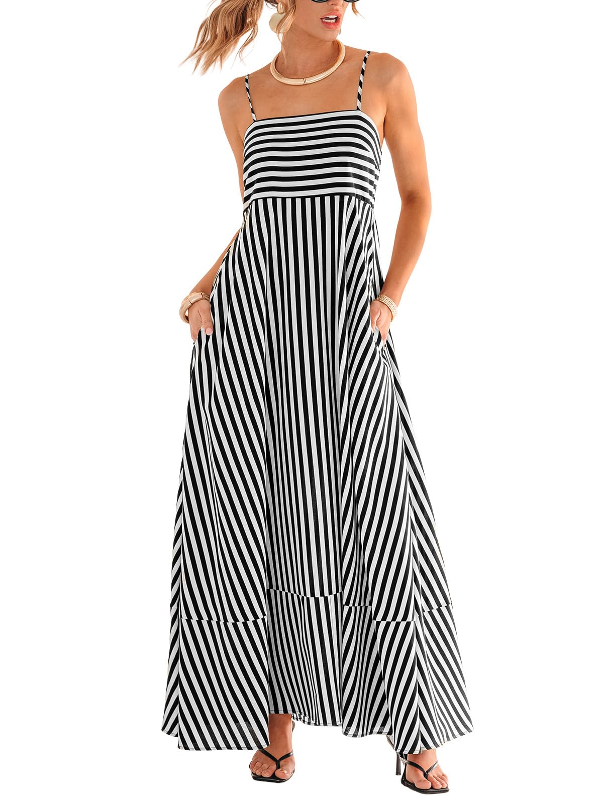 CUPSHE Womens Summer Maxi Dress Casual Sleeveless Square Neck Striped Beach Long Dress with Pockets thumbnail