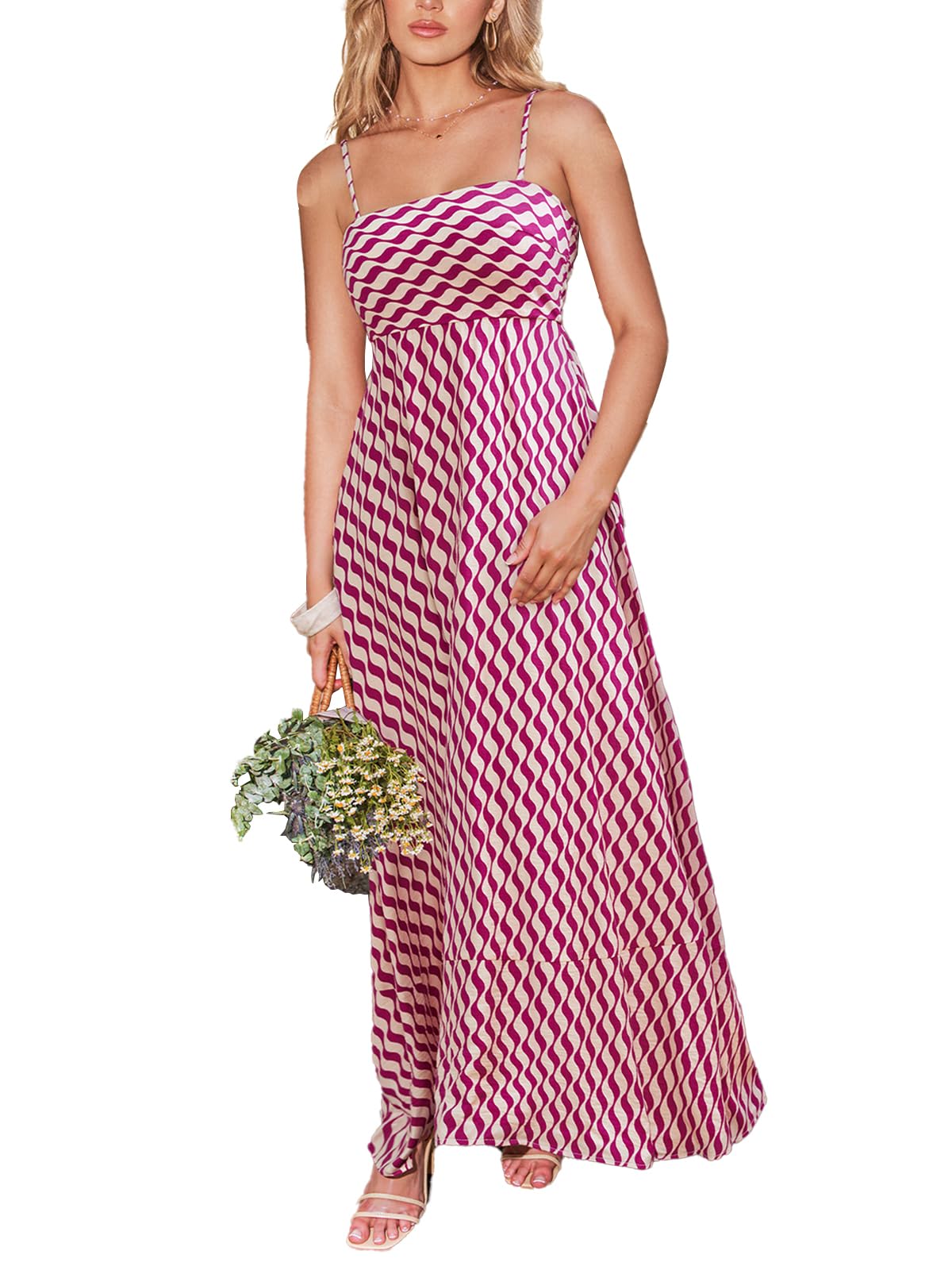 CUPSHE Womens Summer Maxi Dress Casual Sleeveless Square Neck Striped Beach Long Dress with Pockets thumbnail