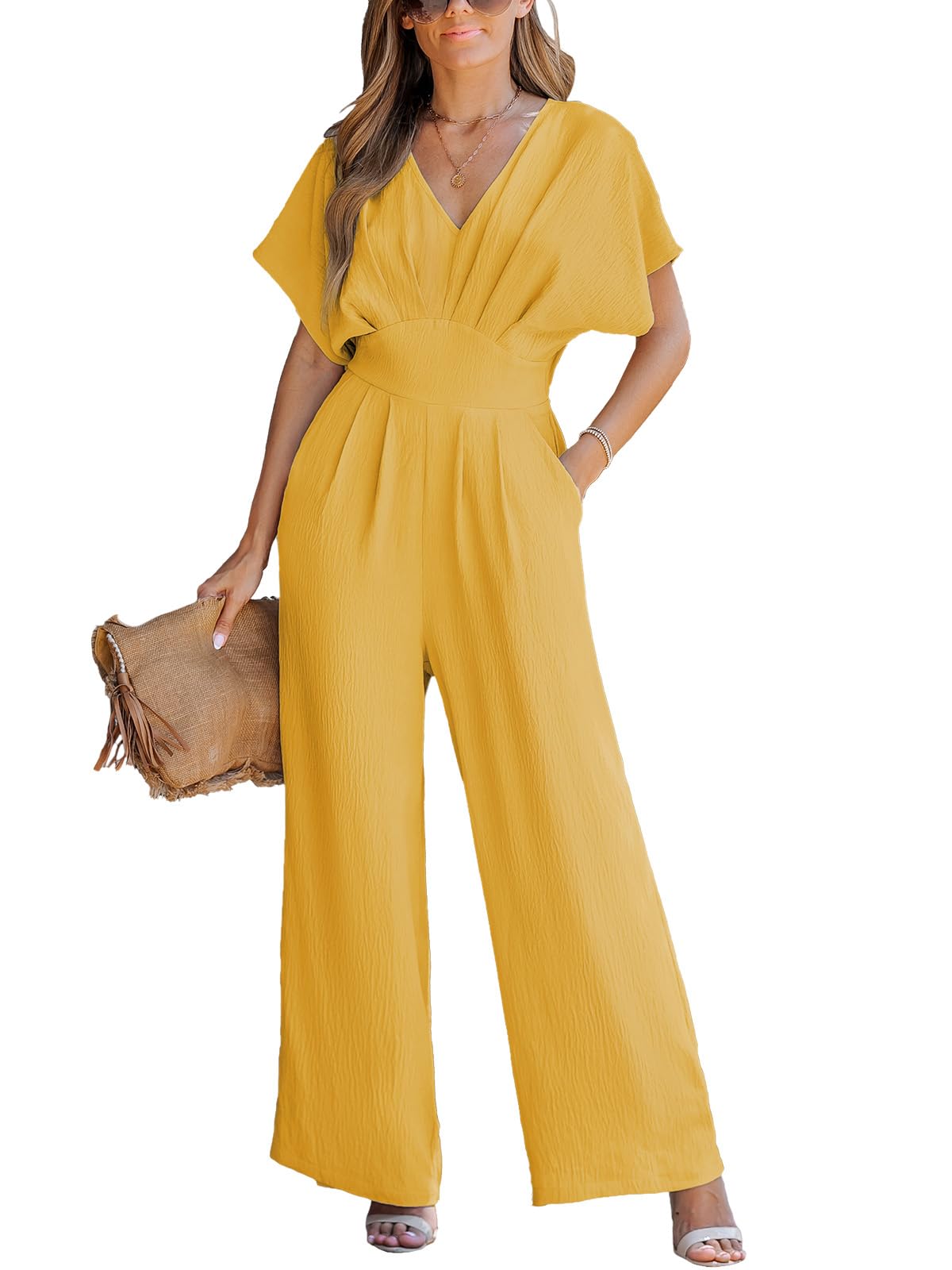CUPSHE One Piece Jumpsuits for Women Casual Summer V Neck Batwing Sleeve Wide Leg Elegant Overalls Sexy Vacation Outfits thumbnail