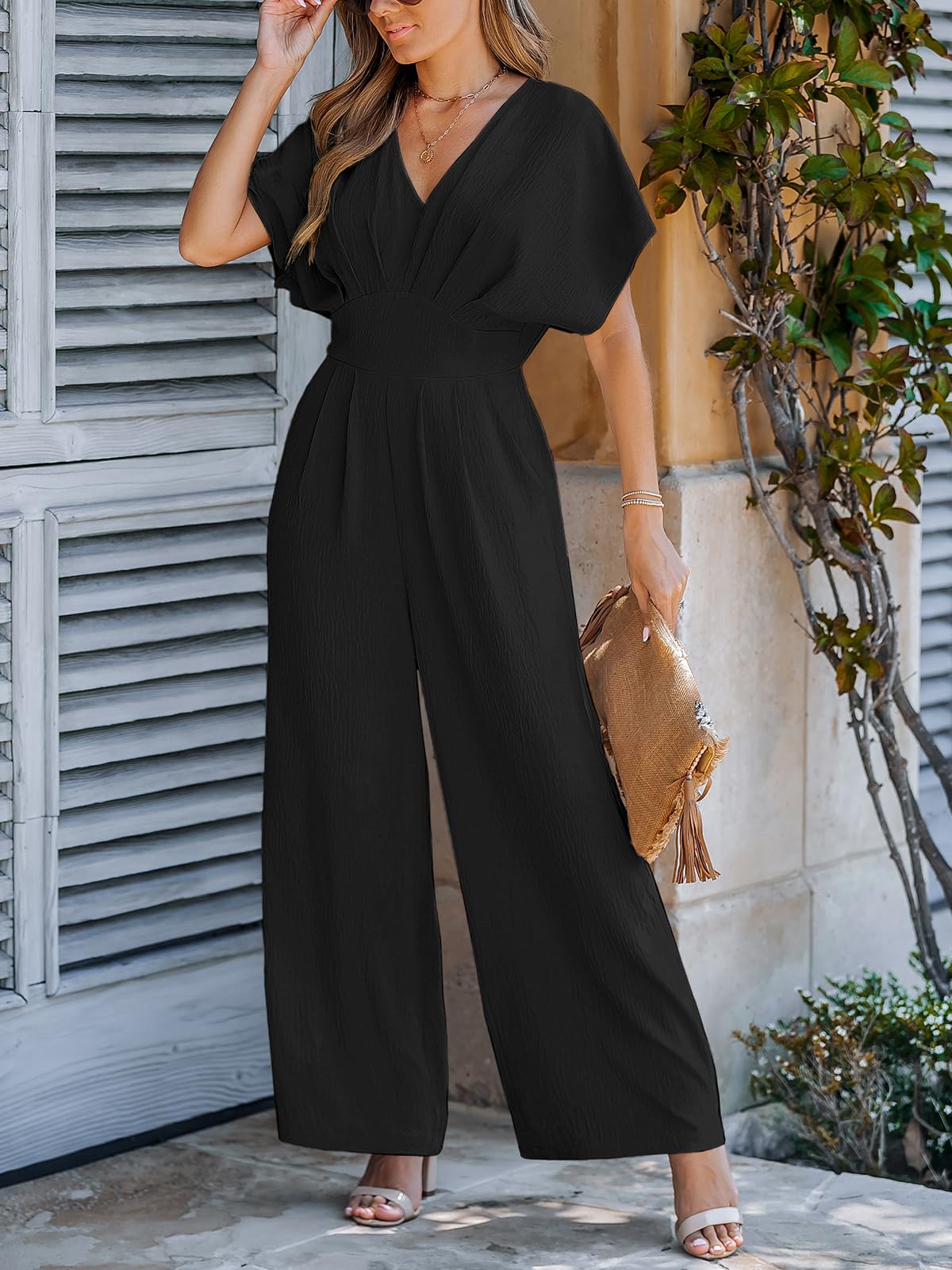 CUPSHE One Piece Jumpsuits for Women Casual Summer V Neck Batwing Sleeve Wide Leg Elegant Overalls Sexy Vacation Outfits thumbnail