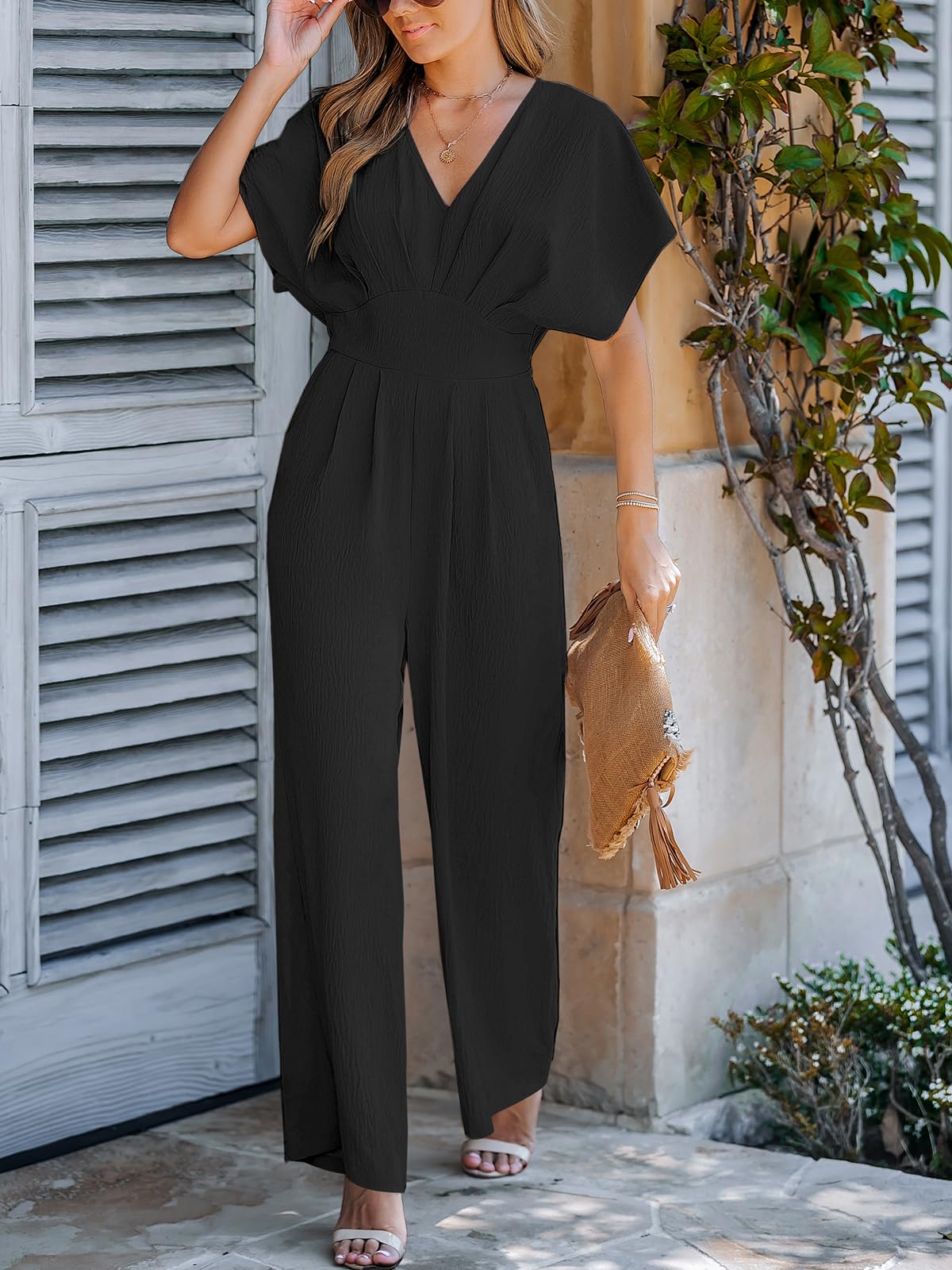 CUPSHE One Piece Jumpsuits for Women Casual Summer V Neck Batwing Sleeve Wide Leg Elegant Overalls Sexy Vacation Outfits thumbnail