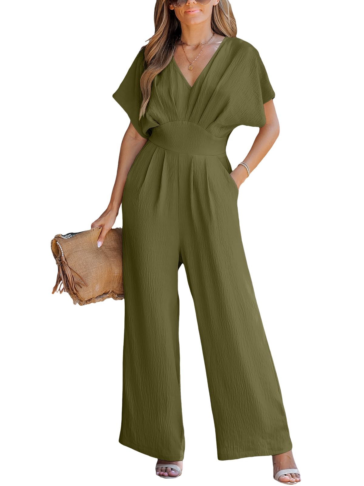 CUPSHE One Piece Jumpsuits for Women Casual Summer V Neck Batwing Sleeve Wide Leg Elegant Overalls Sexy Vacation Outfits thumbnail