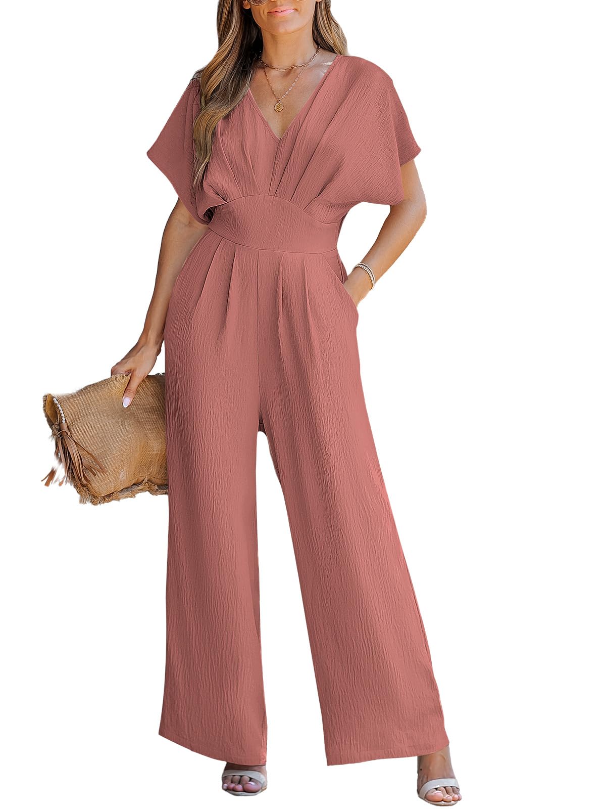 CUPSHE One Piece Jumpsuits for Women Casual Summer V Neck Batwing Sleeve Wide Leg Elegant Overalls Sexy Vacation Outfits thumbnail