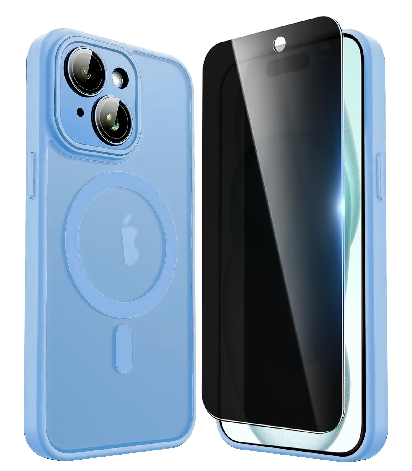 Privacy Case for iPhone 15,Magnetic iPhone 15 Phone Case with Privacy Screen Protector X2 & Camera Protector [Compatible with MagSafe],Translucent Matte Shockproof Cover-Light Blue