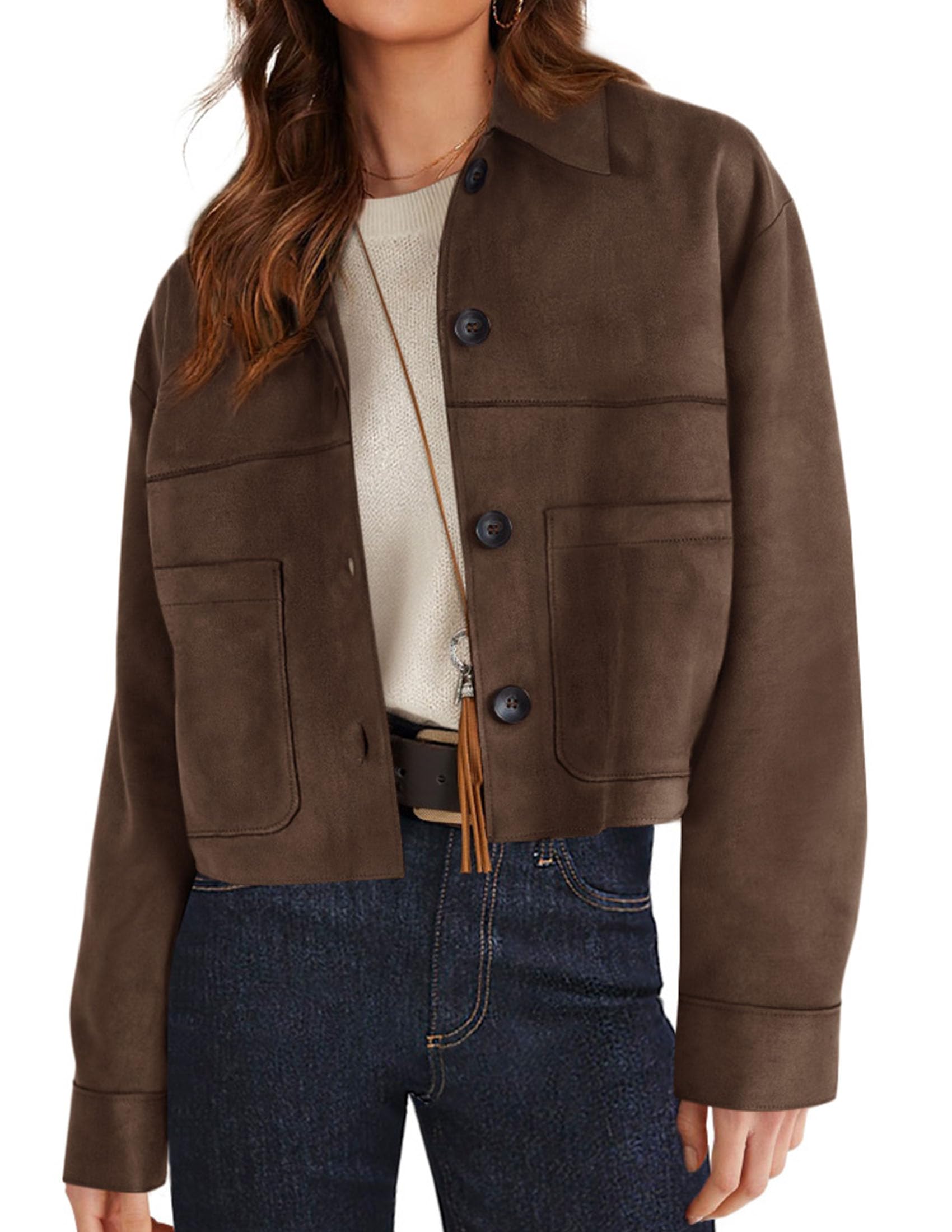 PRETTYGARDEN Women's Faux Suede Lightweight Cropped Jacket | Button Down Collared Shacket, Oversized Casual Outerwear, Patch Pocket, Transitional Layering Piece for Spring, Fall & Winter