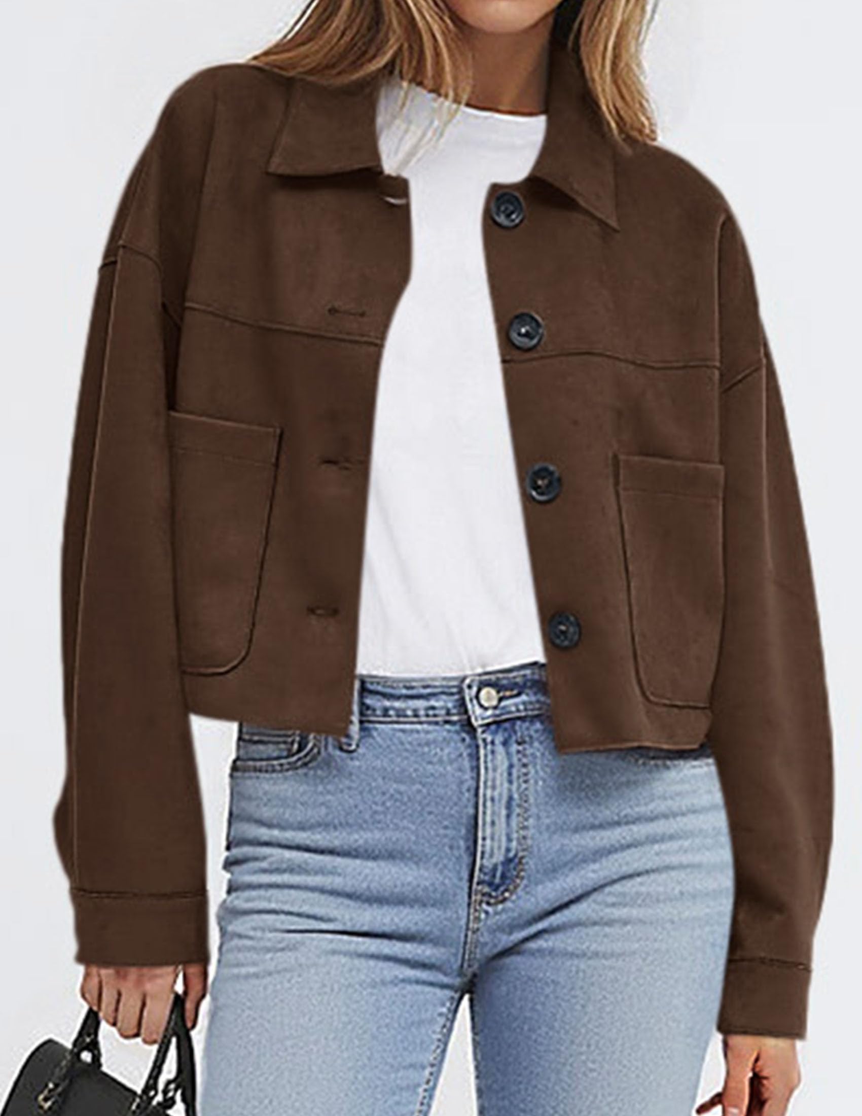 PRETTYGARDEN Women's Faux Suede Lightweight Cropped Jacket | Button Down Collared Shacket, Oversized Casual Outerwear, Patch Pocket, Transitional Layering Piece for Spring, Fall & Winter thumbnail