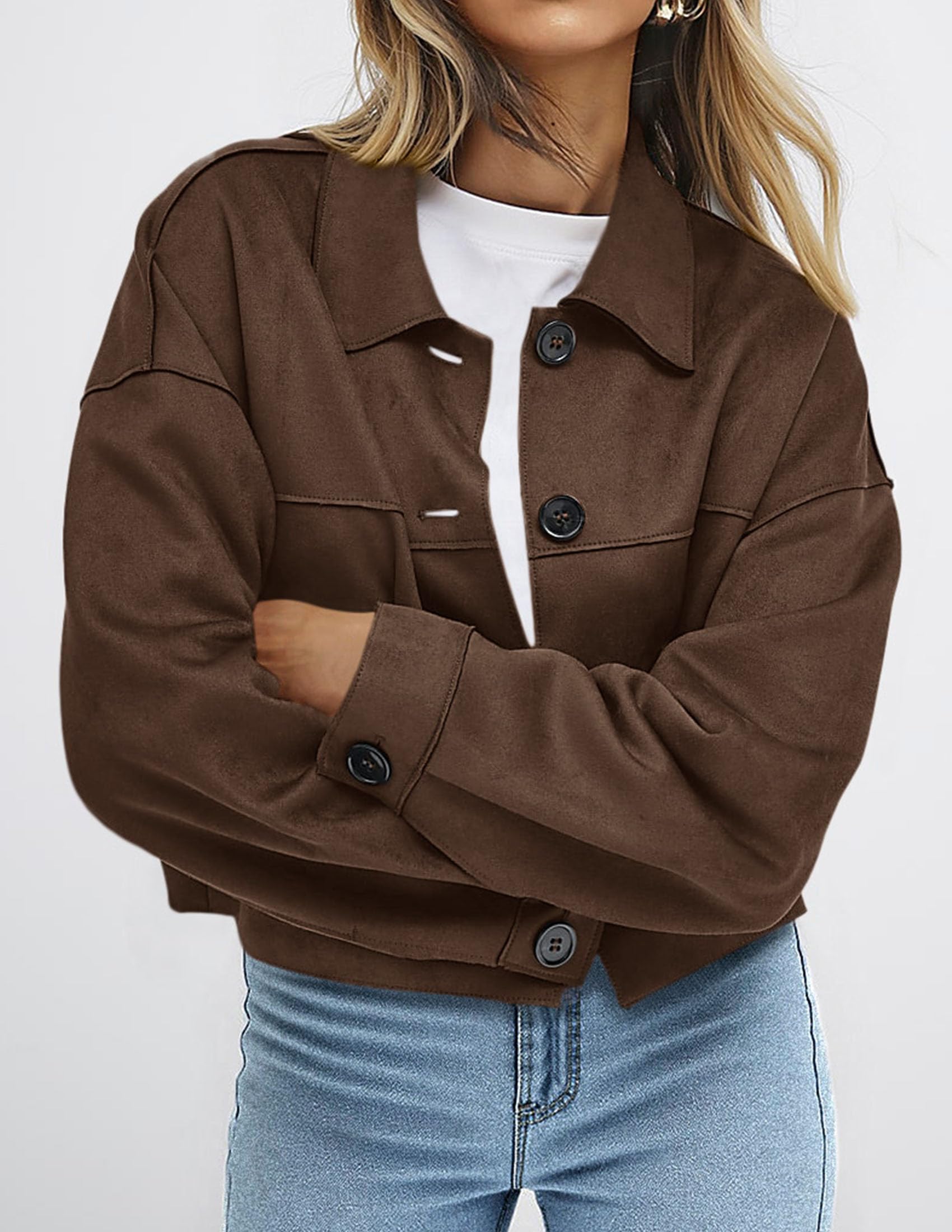 PRETTYGARDEN Women's Faux Suede Lightweight Cropped Jacket | Button Down Collared Shacket, Oversized Casual Outerwear, Patch Pocket, Transitional Layering Piece for Spring, Fall & Winter thumbnail