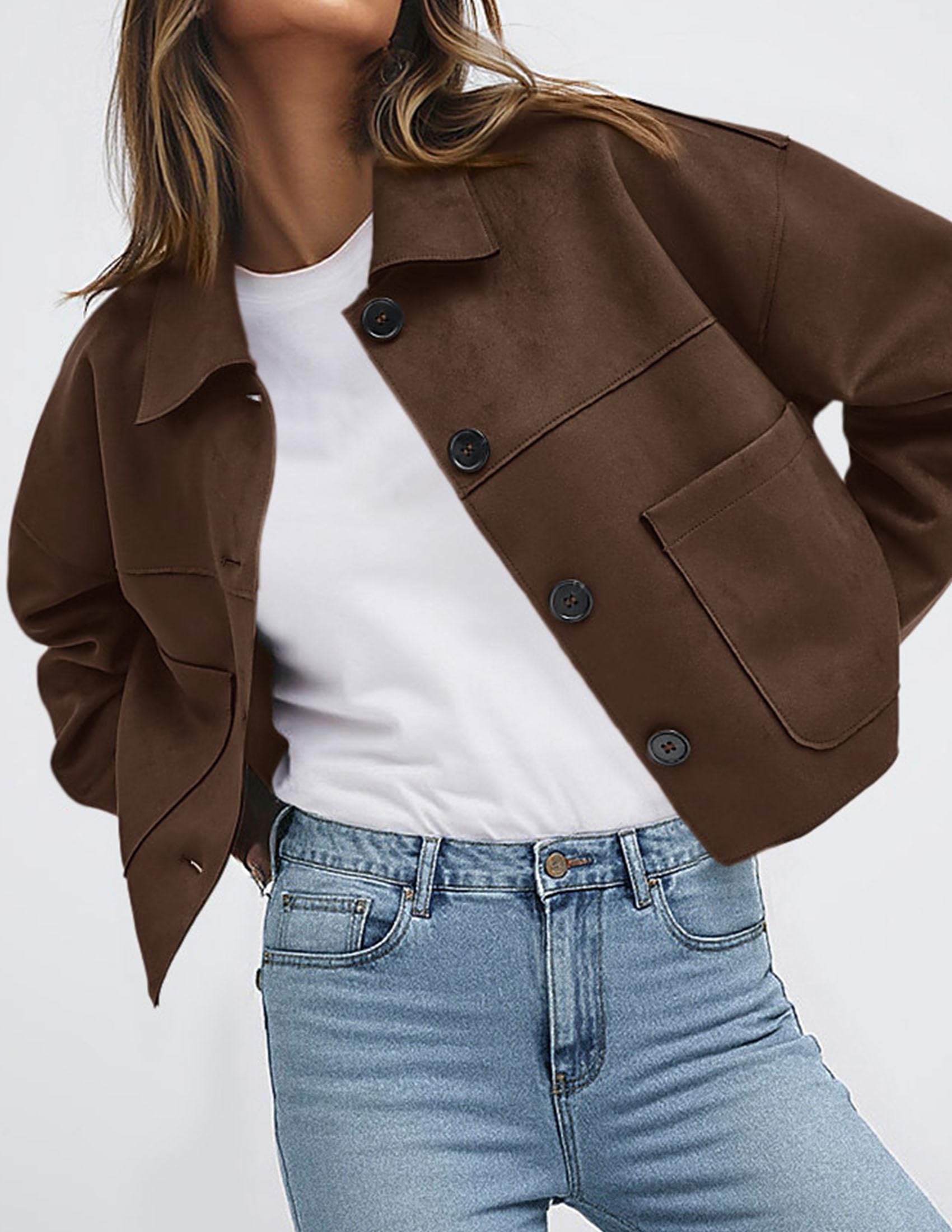 PRETTYGARDEN Women's Faux Suede Lightweight Cropped Jacket | Button Down Collared Shacket, Oversized Casual Outerwear, Patch Pocket, Transitional Layering Piece for Spring, Fall & Winter thumbnail