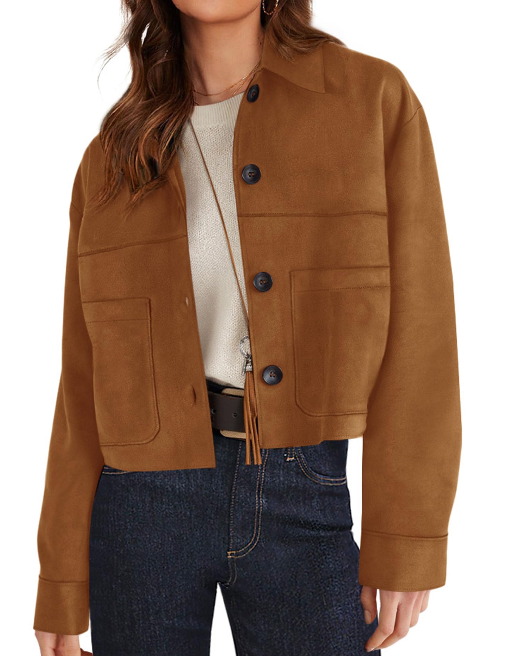 PRETTYGARDEN Women's Faux Suede Lightweight Cropped Jacket | Button Down Collared Shacket, Oversized Casual Outerwear, Patch Pocket, Transitional Layering Piece for Spring, Fall & Winter