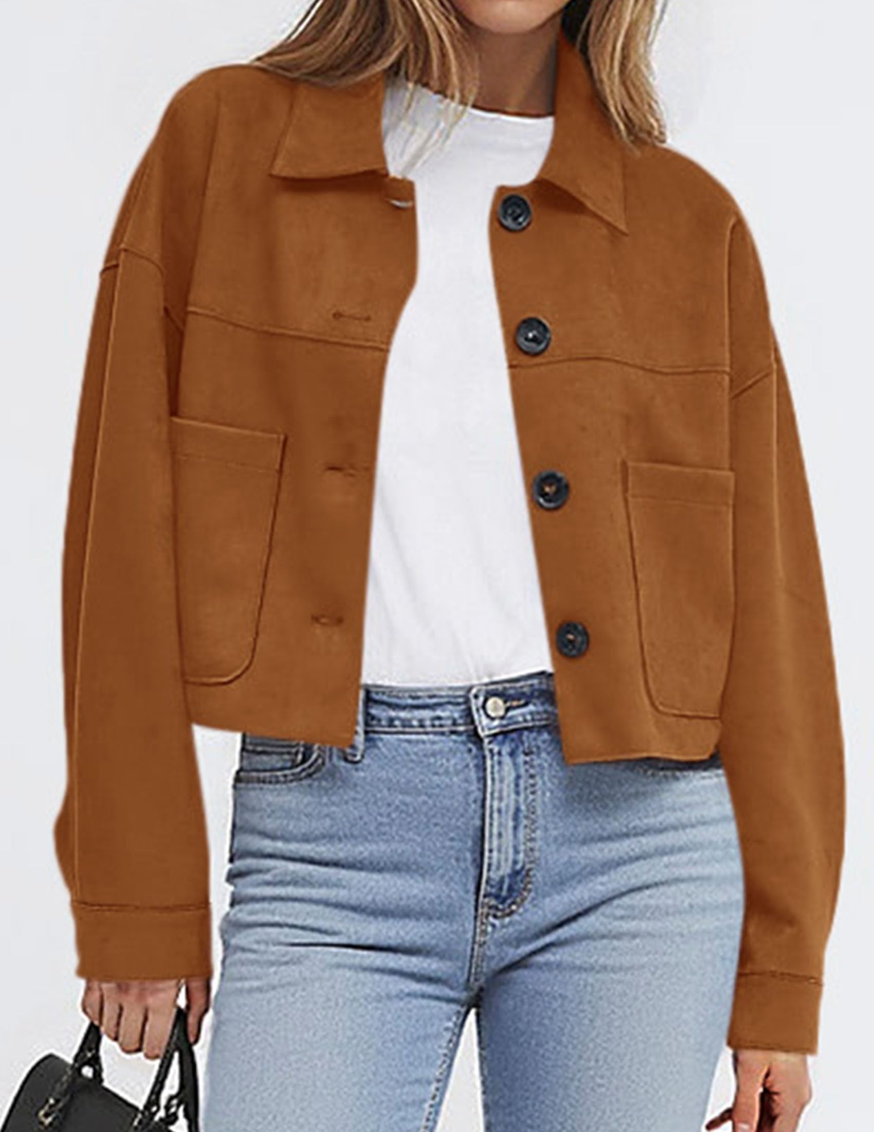 PRETTYGARDEN Women's Faux Suede Lightweight Cropped Jacket | Button Down Collared Shacket, Oversized Casual Outerwear, Patch Pocket, Transitional Layering Piece for Spring, Fall & Winter thumbnail