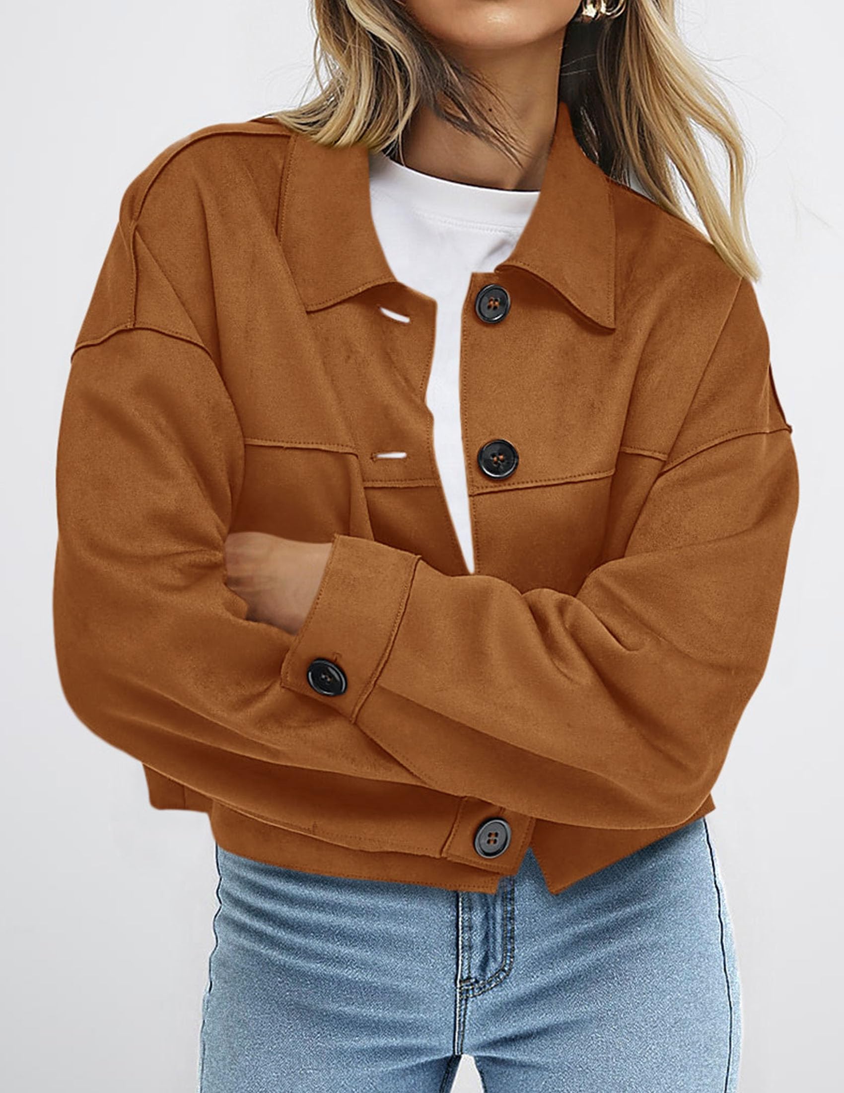 PRETTYGARDEN Women's Faux Suede Lightweight Cropped Jacket | Button Down Collared Shacket, Oversized Casual Outerwear, Patch Pocket, Transitional Layering Piece for Spring, Fall & Winter thumbnail