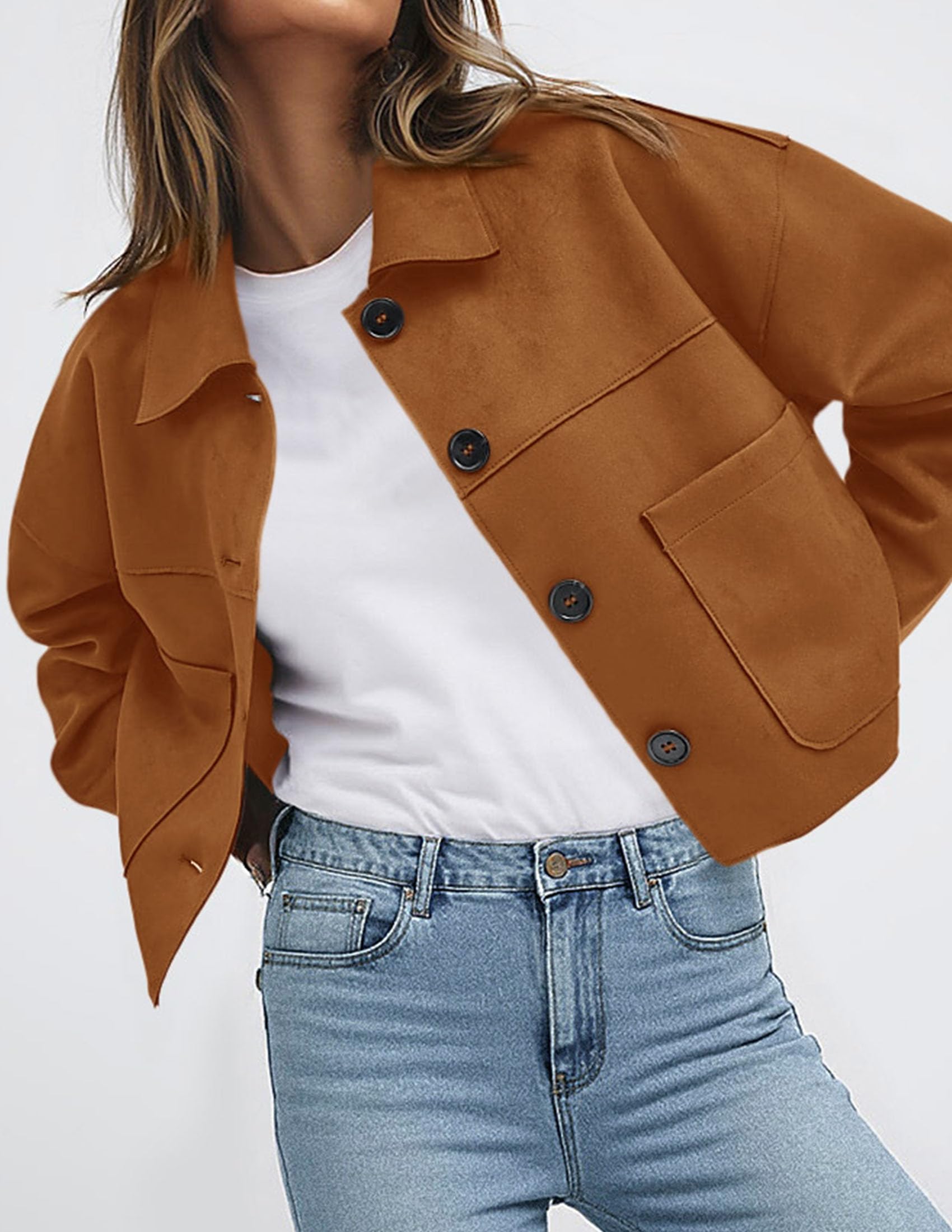 PRETTYGARDEN Women's Faux Suede Lightweight Cropped Jacket | Button Down Collared Shacket, Oversized Casual Outerwear, Patch Pocket, Transitional Layering Piece for Spring, Fall & Winter thumbnail