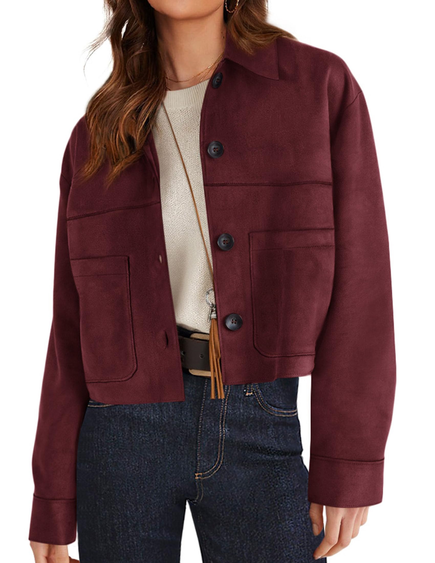 PRETTYGARDEN Women's Faux Suede Lightweight Cropped Jacket | Button Down Collared Shacket, Oversized Casual Outerwear, Patch Pocket, Transitional Layering Piece for Spring, Fall & Winter thumbnail