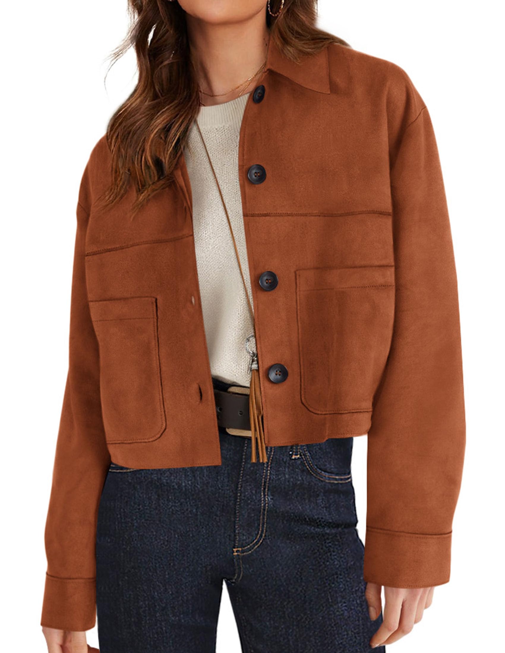 PRETTYGARDEN Women's Faux Suede Lightweight Cropped Jacket | Button Down Collared Shacket, Oversized Casual Outerwear, Patch Pocket, Transitional Layering Piece for Spring, Fall & Winter thumbnail