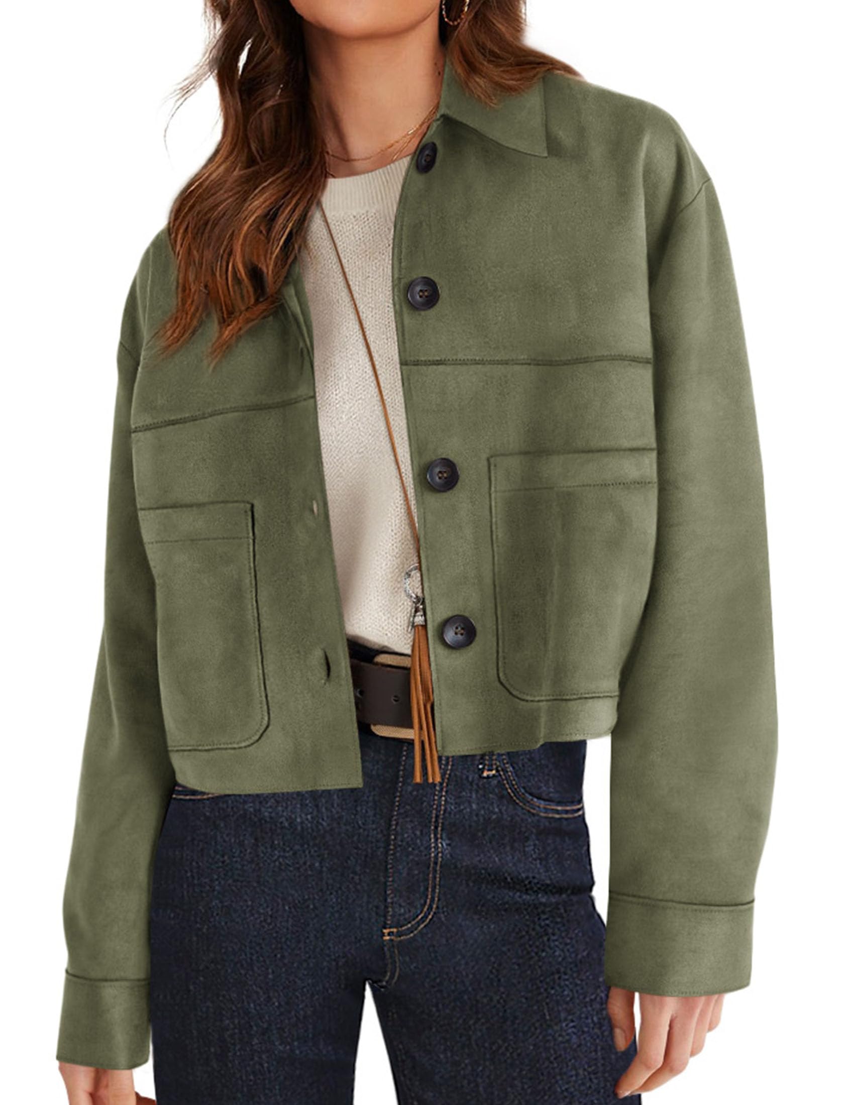 PRETTYGARDEN Women's Faux Suede Lightweight Cropped Jacket | Button Down Collared Shacket, Oversized Casual Outerwear, Patch Pocket, Transitional Layering Piece for Spring, Fall & Winter