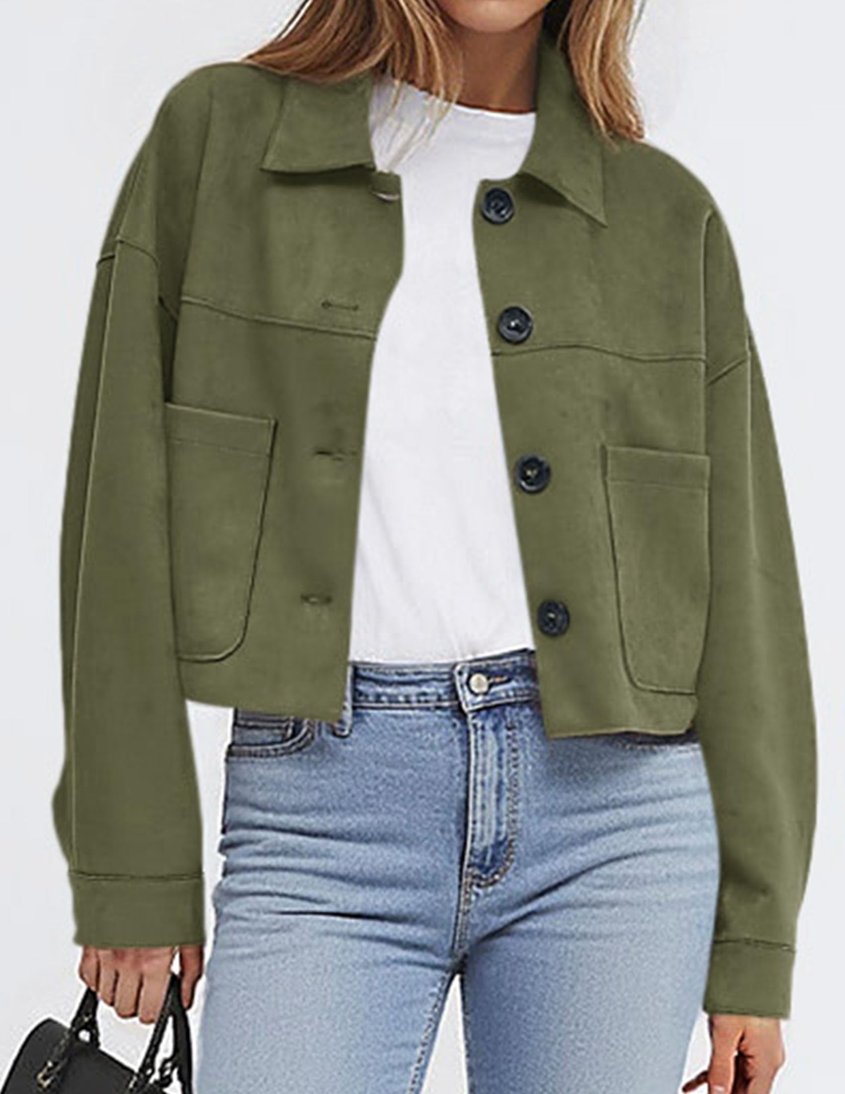 PRETTYGARDEN Women's Faux Suede Lightweight Cropped Jacket | Button Down Collared Shacket, Oversized Casual Outerwear, Patch Pocket, Transitional Layering Piece for Spring, Fall & Winter thumbnail