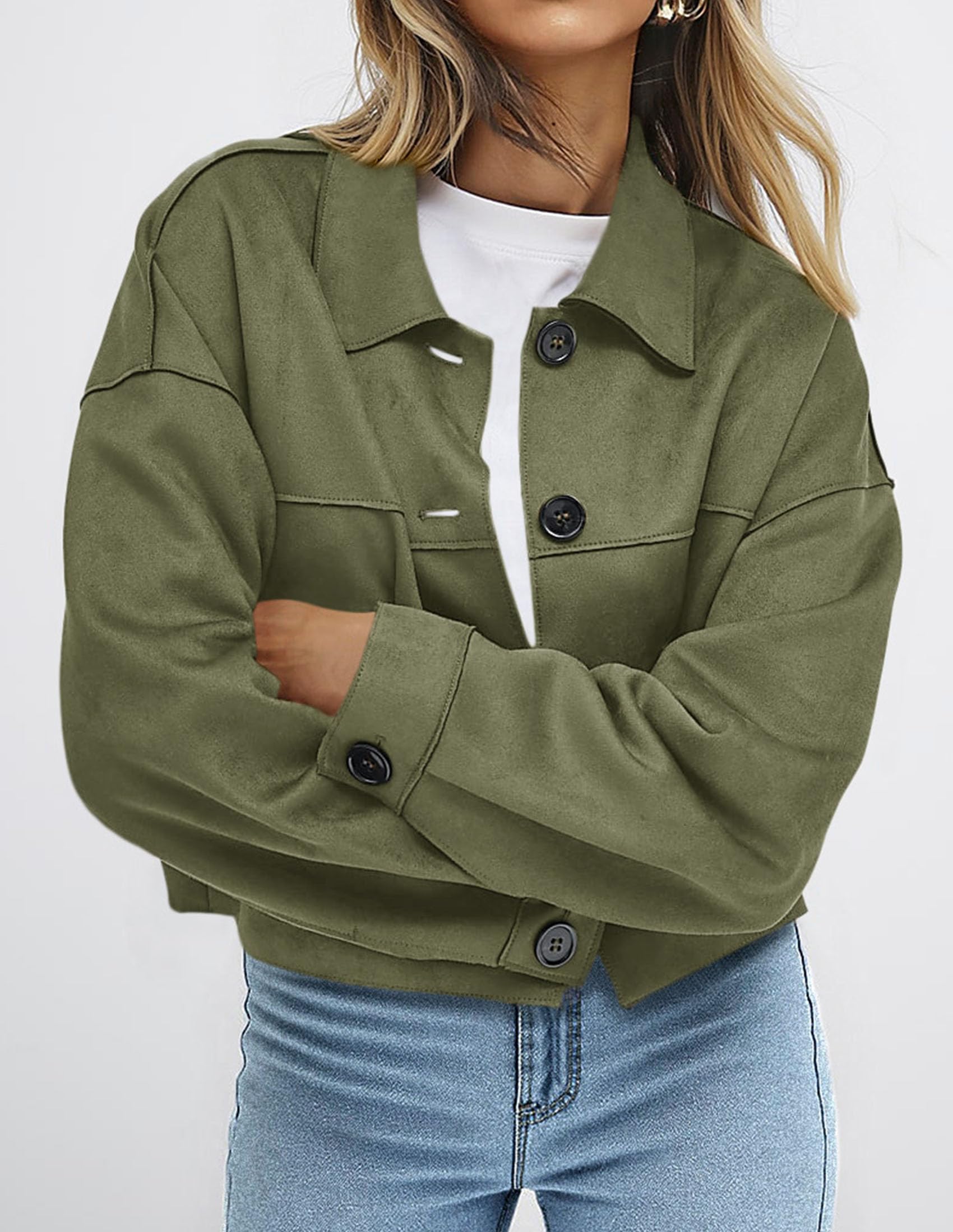PRETTYGARDEN Women's Faux Suede Lightweight Cropped Jacket | Button Down Collared Shacket, Oversized Casual Outerwear, Patch Pocket, Transitional Layering Piece for Spring, Fall & Winter thumbnail