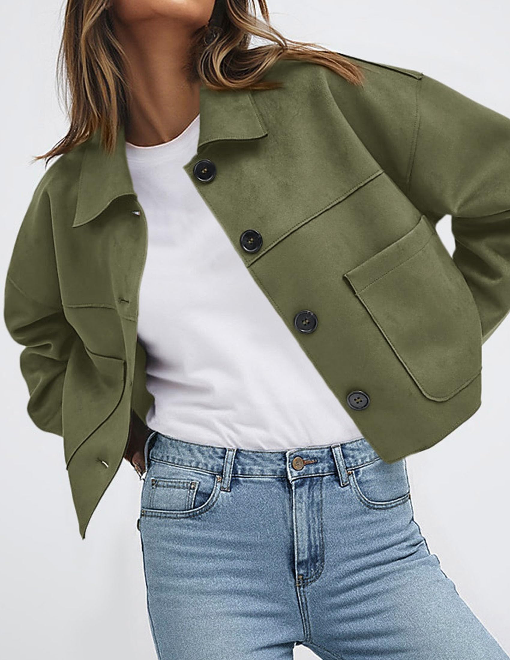 PRETTYGARDEN Women's Faux Suede Lightweight Cropped Jacket | Button Down Collared Shacket, Oversized Casual Outerwear, Patch Pocket, Transitional Layering Piece for Spring, Fall & Winter thumbnail