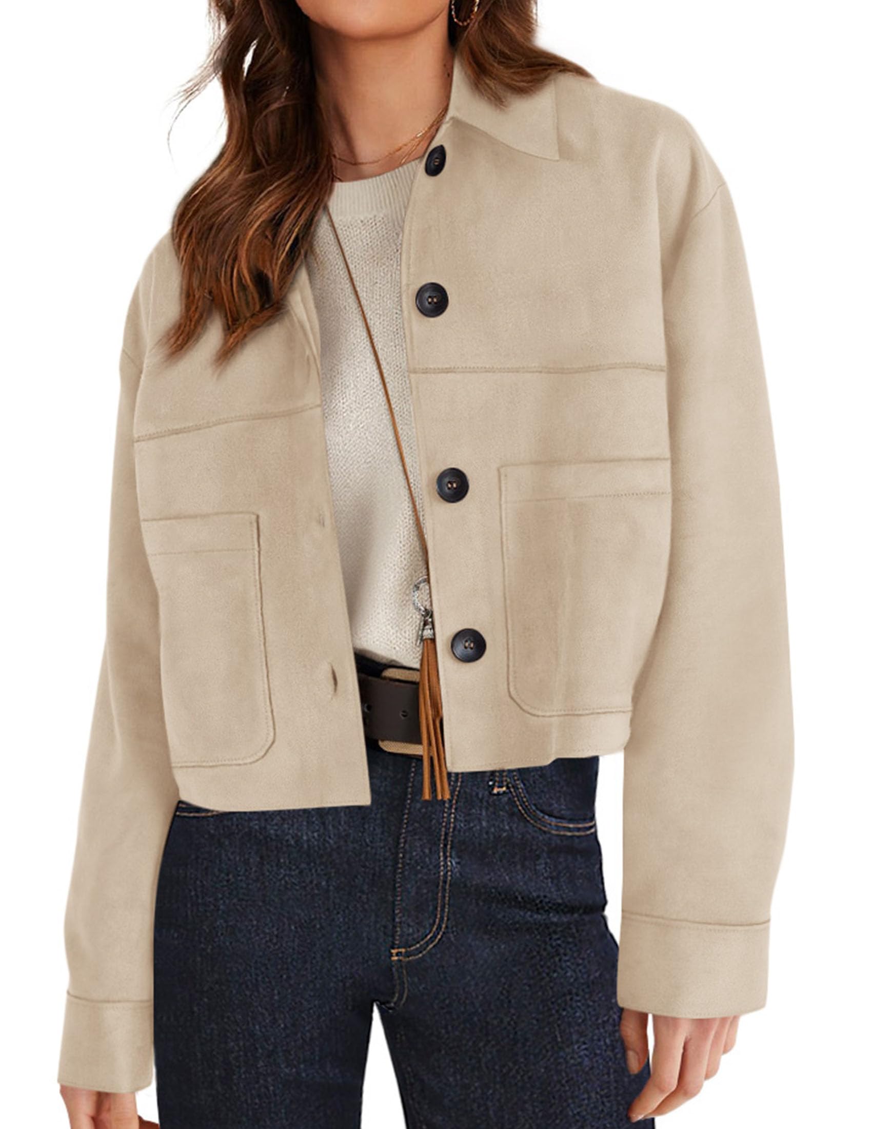 PRETTYGARDEN Women's Faux Suede Lightweight Cropped Jacket | Button Down Collared Shacket, Oversized Casual Outerwear, Patch Pocket, Transitional Layering Piece for Spring, Fall & Winter