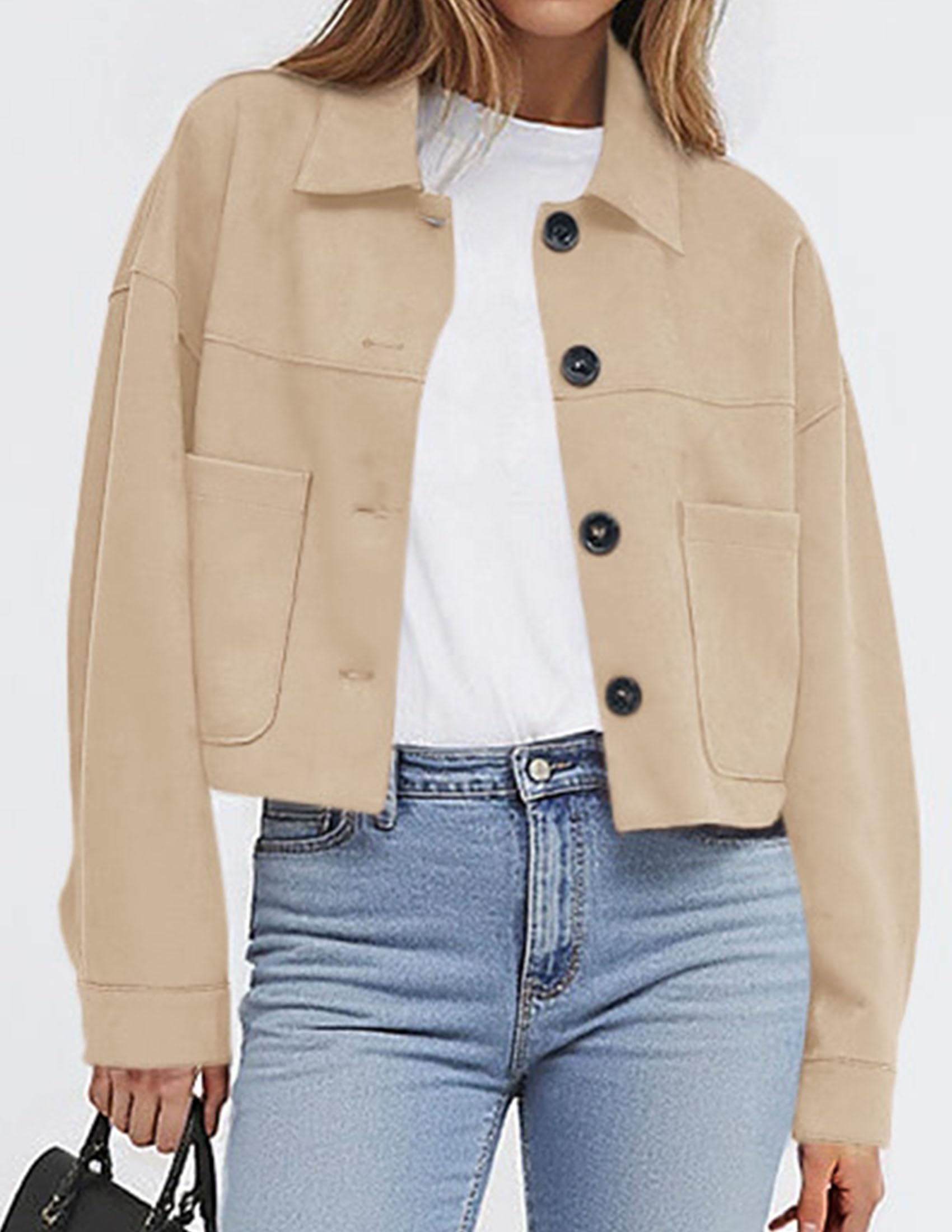 PRETTYGARDEN Women's Faux Suede Lightweight Cropped Jacket | Button Down Collared Shacket, Oversized Casual Outerwear, Patch Pocket, Transitional Layering Piece for Spring, Fall & Winter thumbnail