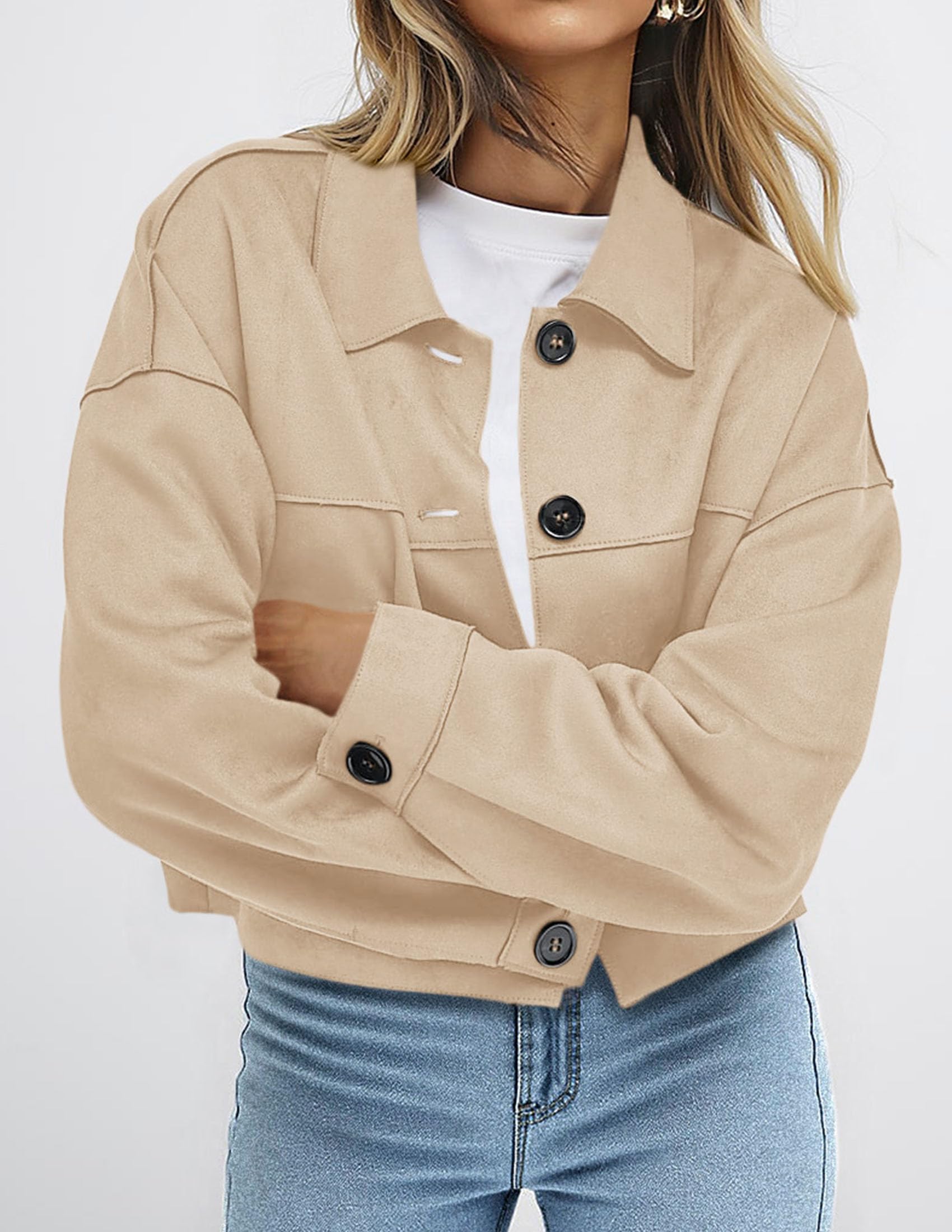 PRETTYGARDEN Women's Faux Suede Lightweight Cropped Jacket | Button Down Collared Shacket, Oversized Casual Outerwear, Patch Pocket, Transitional Layering Piece for Spring, Fall & Winter thumbnail