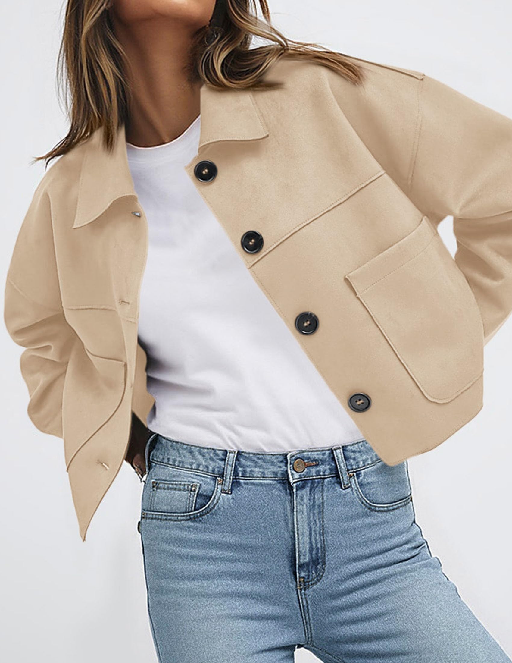 PRETTYGARDEN Women's Faux Suede Lightweight Cropped Jacket | Button Down Collared Shacket, Oversized Casual Outerwear, Patch Pocket, Transitional Layering Piece for Spring, Fall & Winter thumbnail