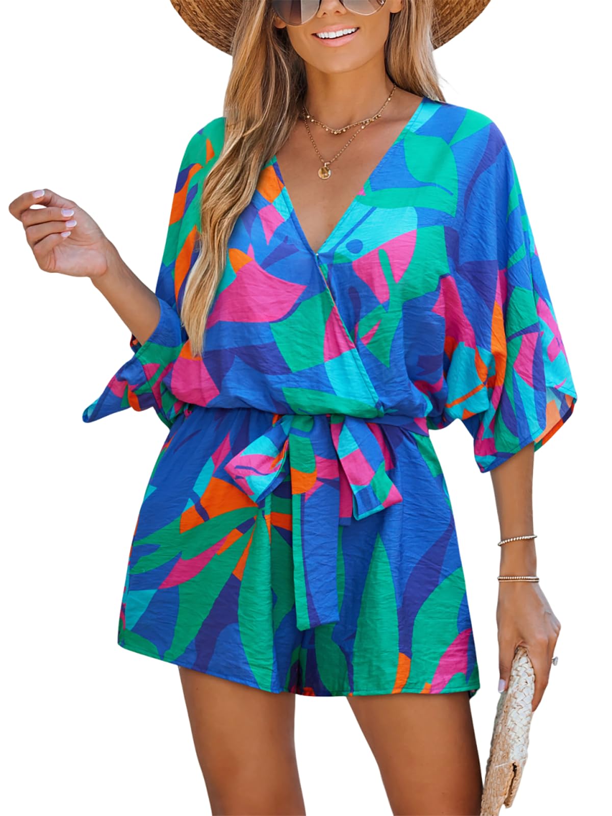 CUPSHE Women's Boho Floral Romper Short Sleeve V Neck Tie Waist Summer Beach Jumpsuit Tropical Resort Vacation Outfits Blue Floral M