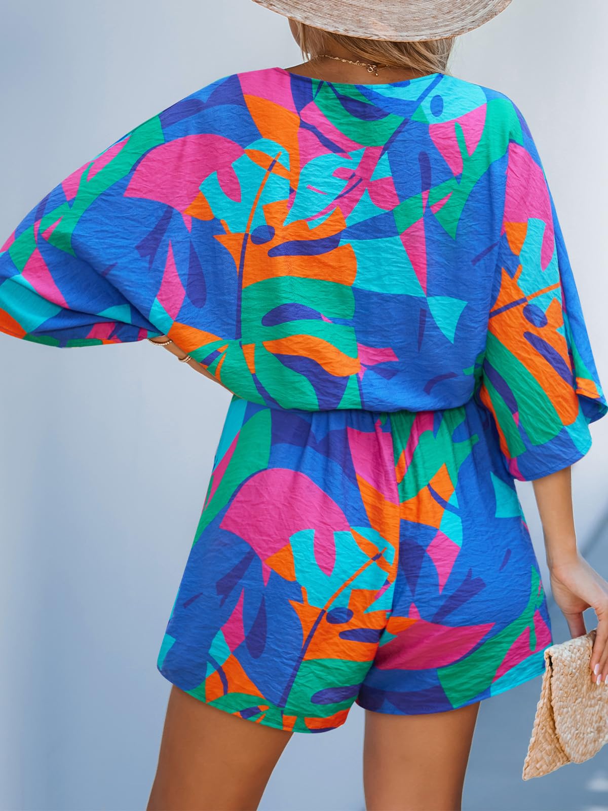CUPSHE Women's Boho Floral Romper Short Sleeve V Neck Tie Waist Summer Beach Jumpsuit Tropical Resort Vacation Outfits Blue Floral M thumbnail