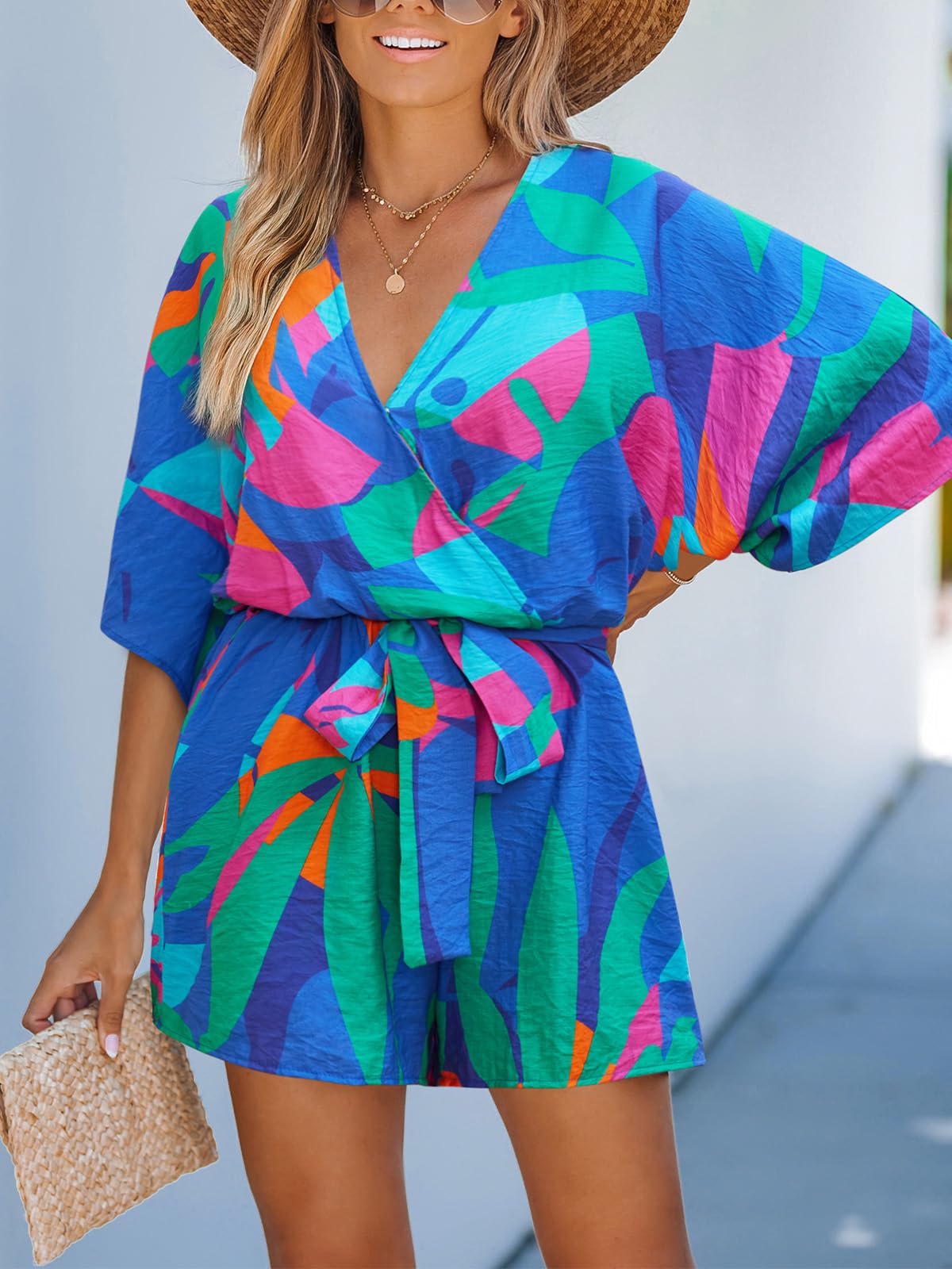 CUPSHE Women's Boho Floral Romper Short Sleeve V Neck Tie Waist Summer Beach Jumpsuit Tropical Resort Vacation Outfits Blue Floral M thumbnail