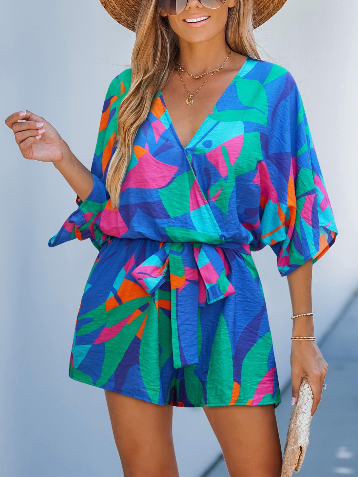 CUPSHE Women's Boho Floral Romper Short Sleeve V Neck Tie Waist Summer Beach Jumpsuit Tropical Resort Vacation Outfits Blue Floral M thumbnail