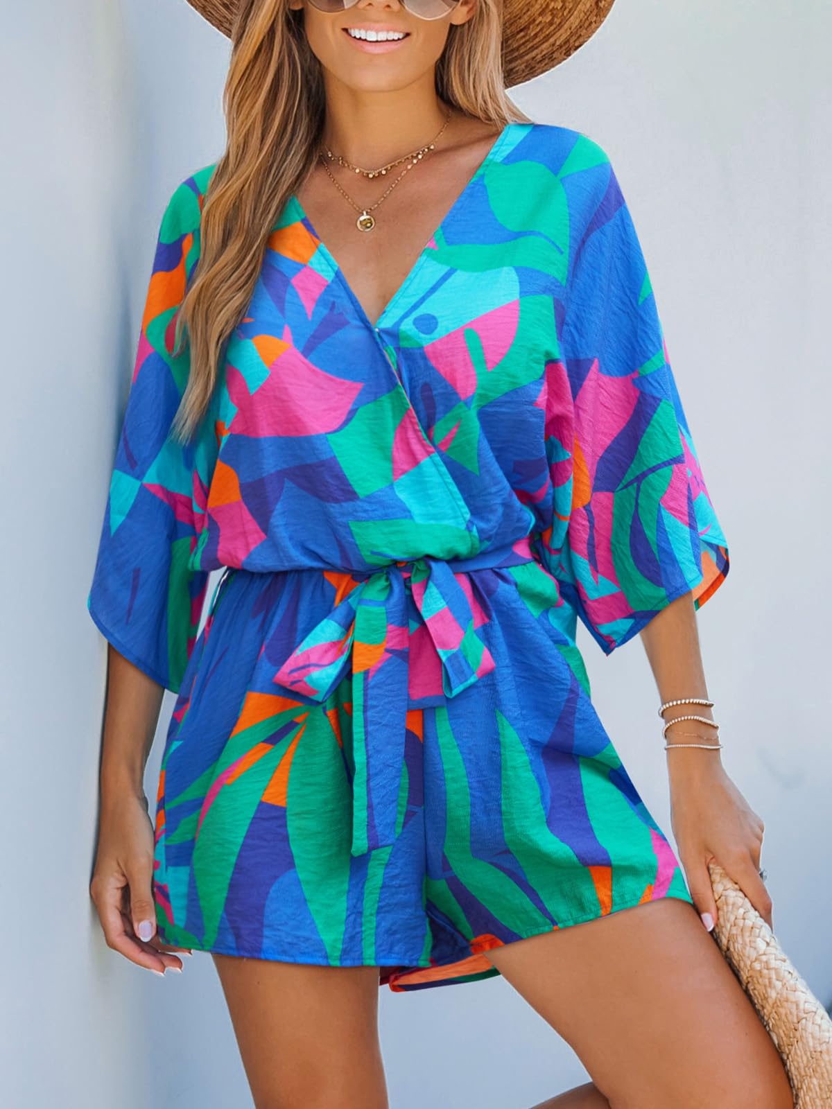 CUPSHE Women's Boho Floral Romper Short Sleeve V Neck Tie Waist Summer Beach Jumpsuit Tropical Resort Vacation Outfits Blue Floral M thumbnail