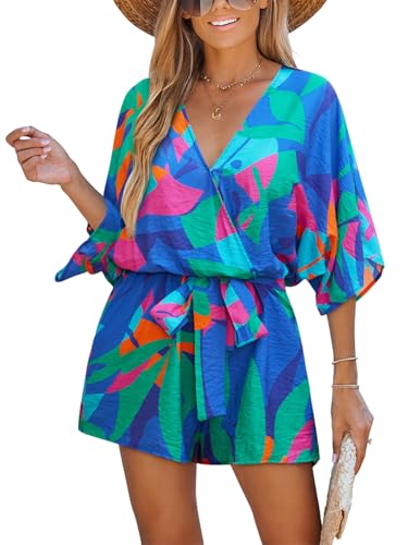 CUPSHE Women's Boho Floral Romper Short Sleeve V Neck Tie Waist Summer Beach Jumpsuit Tropical Resort Vacation Outfits Blue Floral M thumbnail