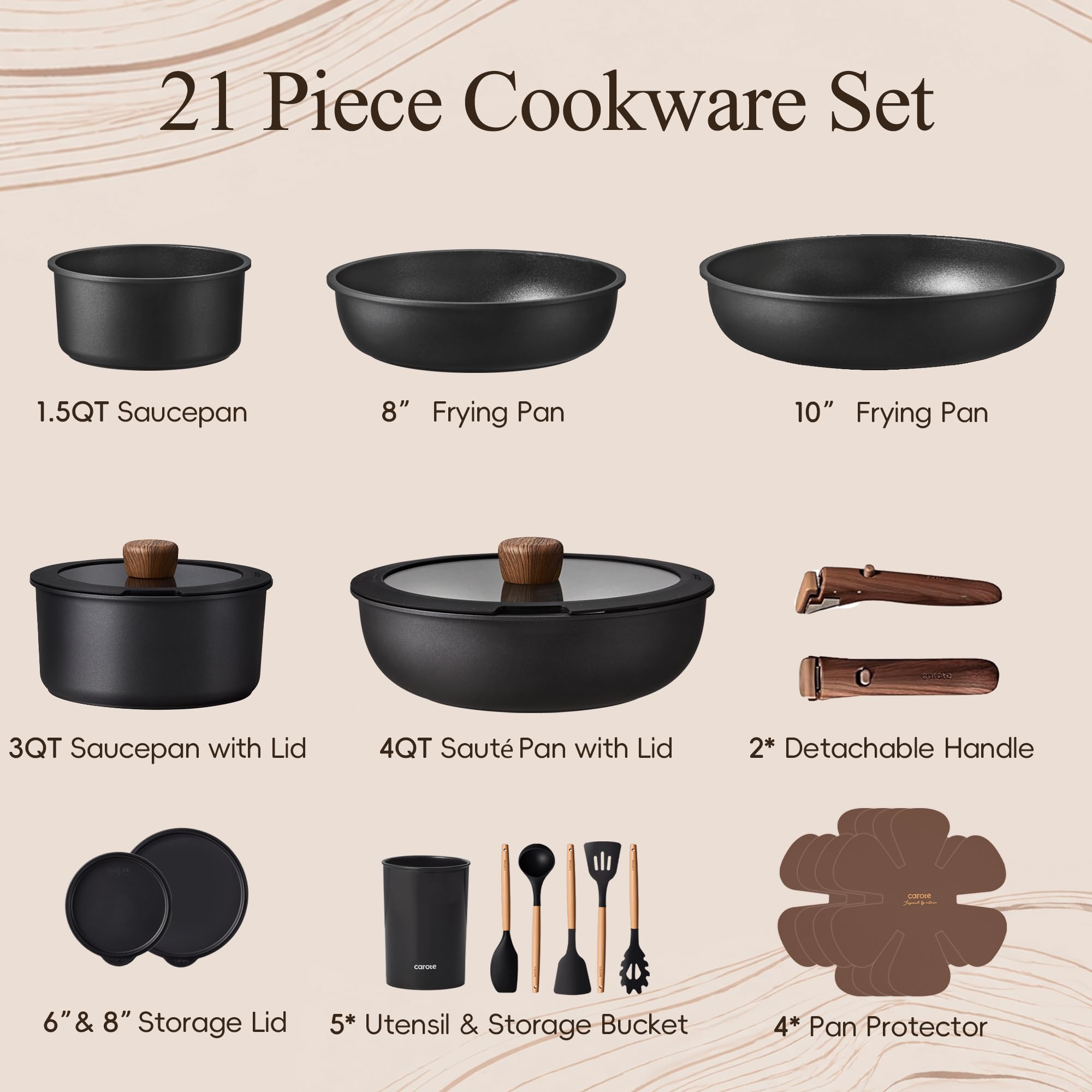 CAROTE 21pcs Pots and Pans Set Non Stick, Detachable Handle Cookware, Black thumbnail